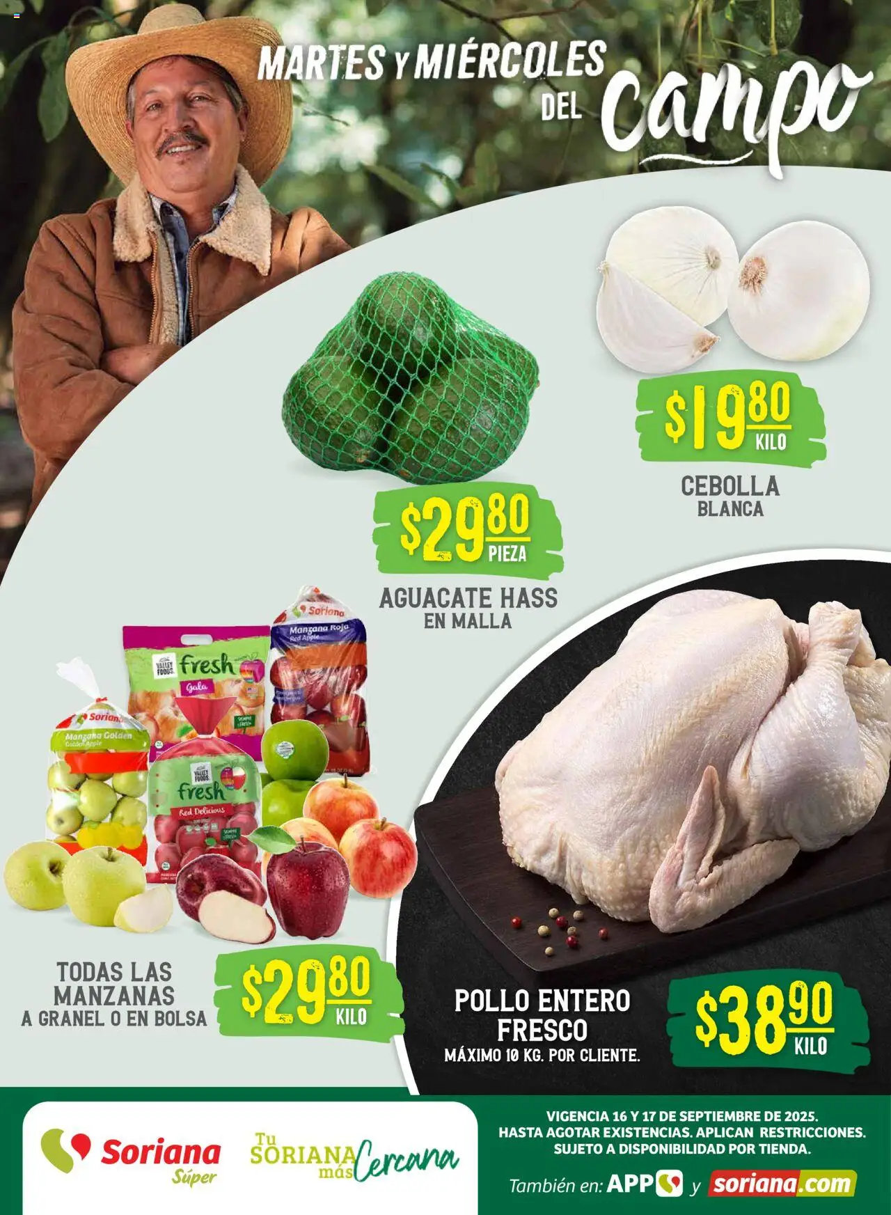 Martes y Miércoles del Campo Súper: Nuevo León, Ciudad Victoria y Tampico Soriana y sus promociones válidas desde el 16/09/2025 - Número de página 1 - Pollo, Manzanas, Bolsa, Aguacate, Cebolla, Malla