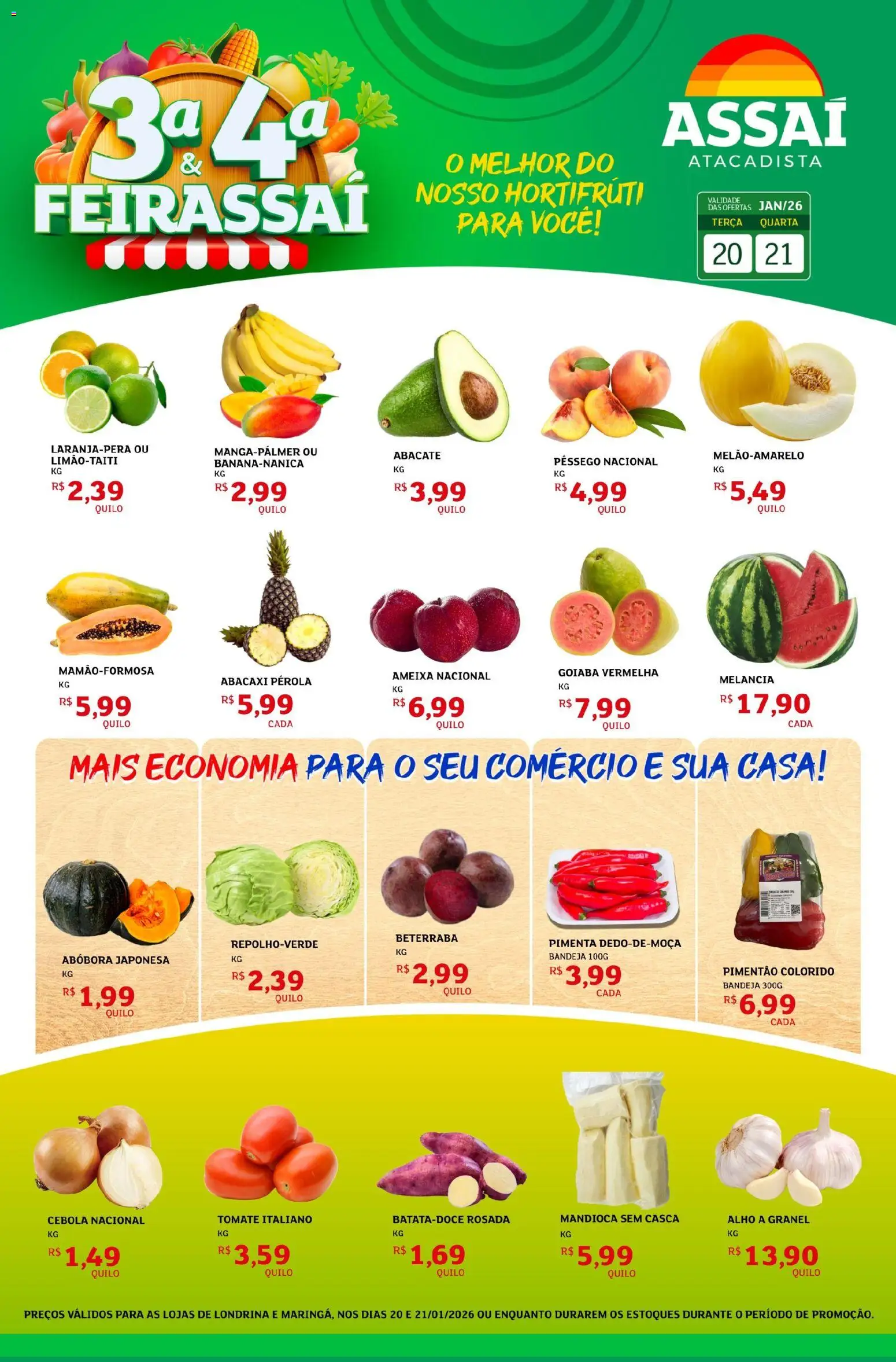 Pré-Visualização do folheto "Encarte - PR" da loja Assaí Atacadista válido a partir de 20/01/2026 - Abacaxi, Goiaba, Pêssego, Tomate, Mandioca, Pimenta, Bandeja, Alho
