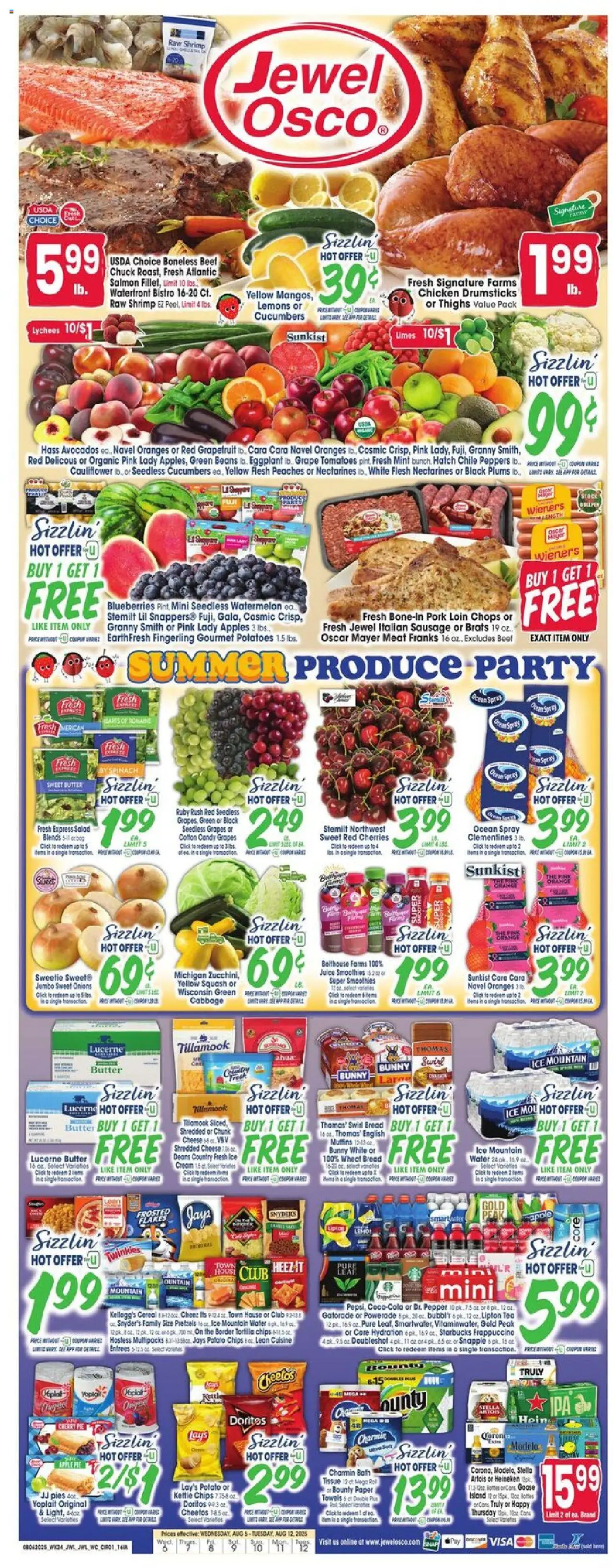Jewel Osco Weekly Ad - IA from 08/06/2025 - Flyer - Page number 1 - Tea, Oranges, Cherries, Juice, Blueberries, Meat, Eggplant, Drumsticks