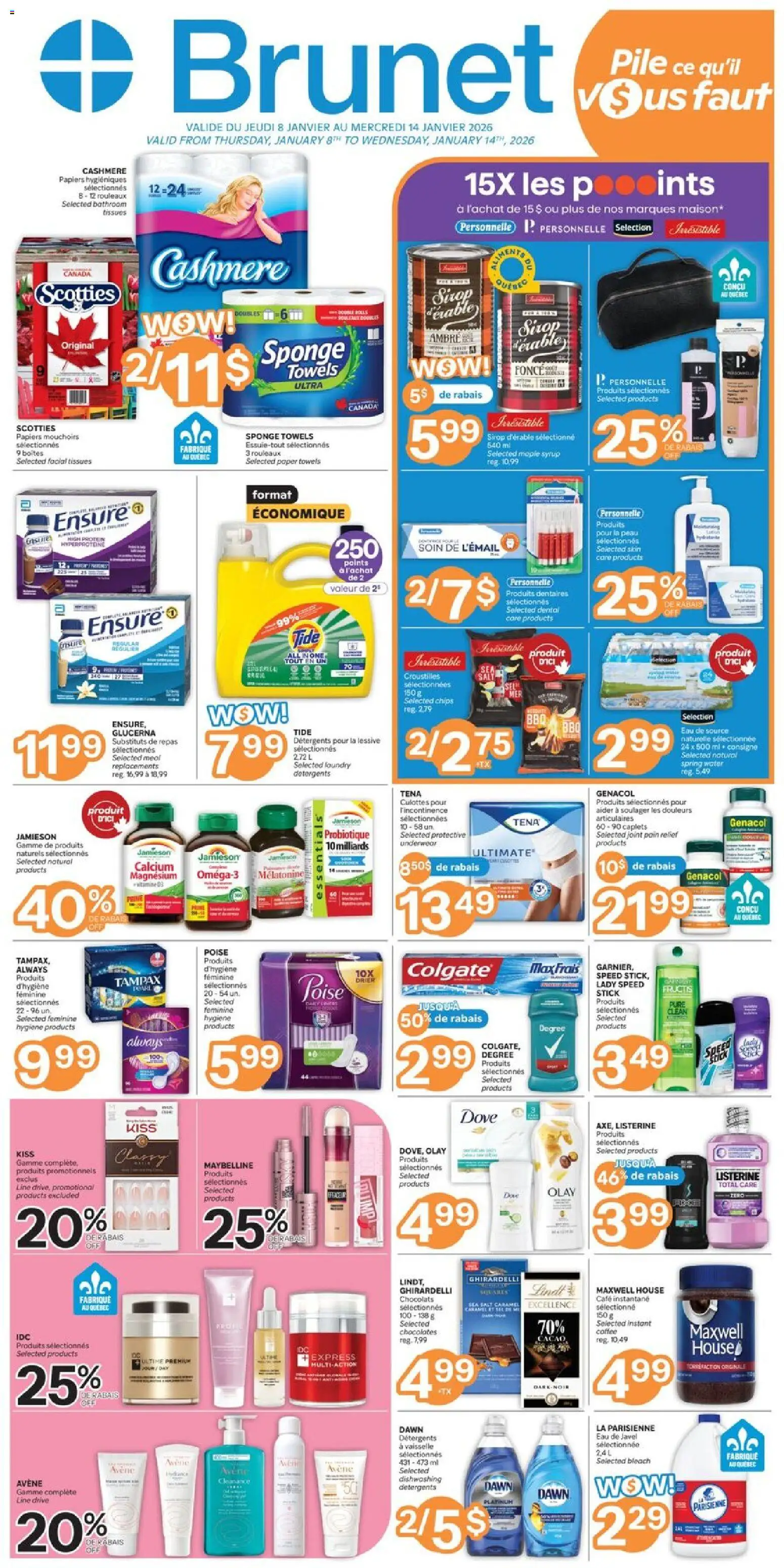 Preview of leaflet Weekly flyer / circulaire from shop Brunet is valid from Jan 08, 2026 - Coffee, Chips, Protein, Underwear, Towels, Sponge, Tissues, Syrup