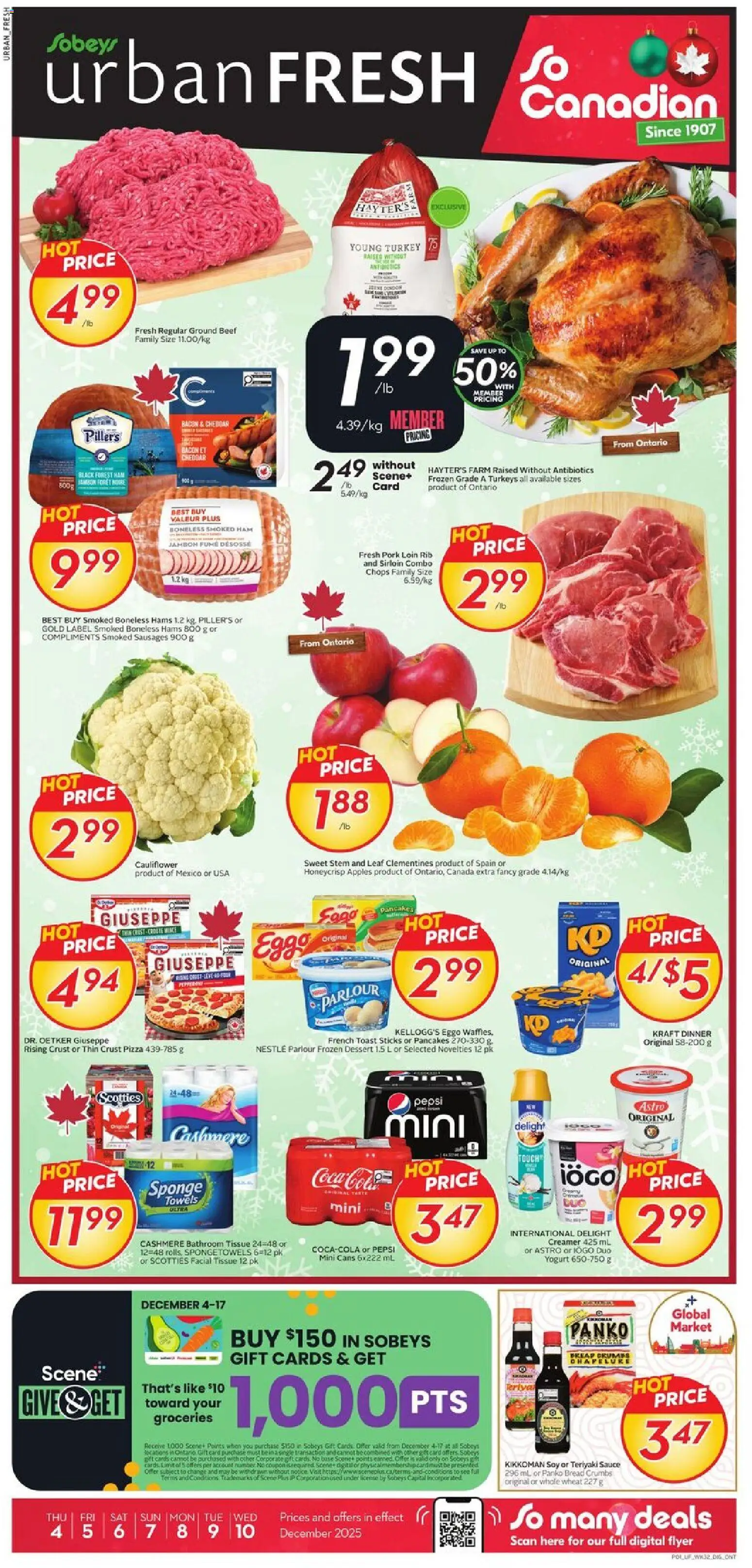 Preview of leaflet Weekly Flyer - Urban Fresh from shop Sobeys is valid from Dec 04, 2025 - Pizza, Apples, Pepsi, Bacon, Pork, Ground beef, Towels, Sponge