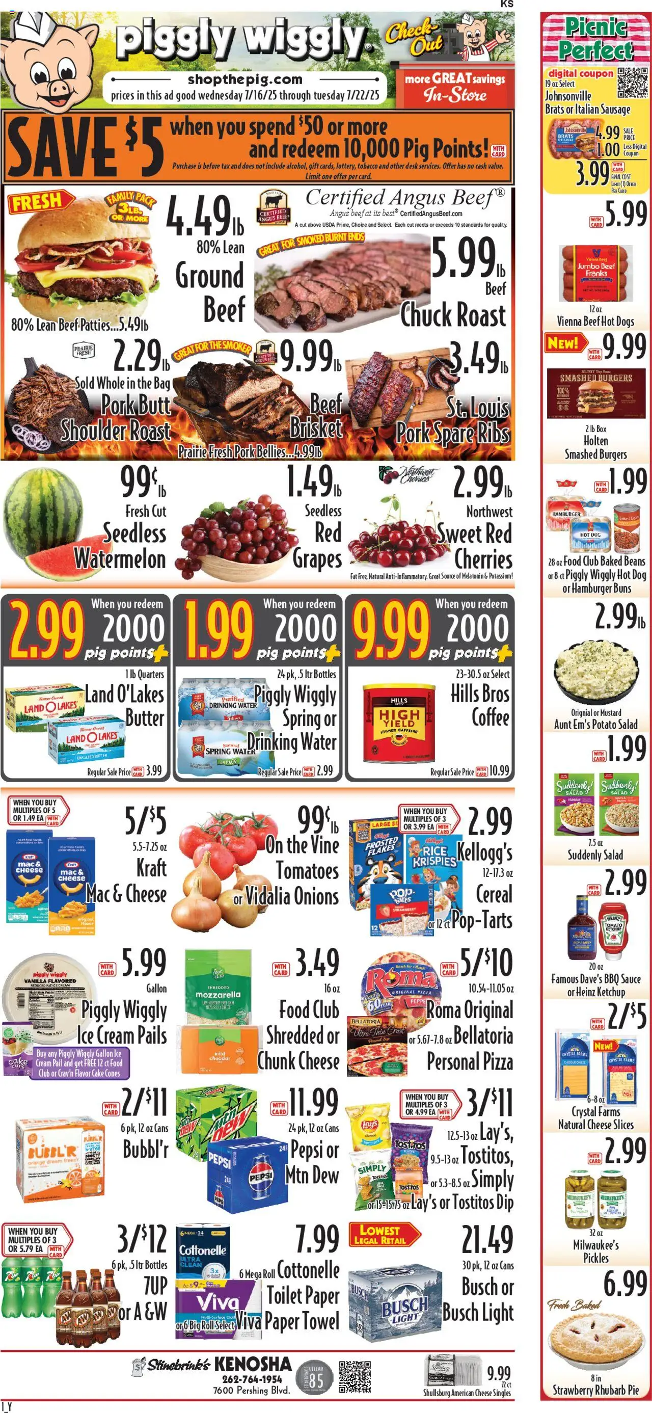 Piggly Wiggly Weekly Ad from 07/16/2025 - Flyer - Page number 1 - Potato salad, Toilet paper, Mustard, Sauce, Pickles, Cake, Watermelon, Mozzarella