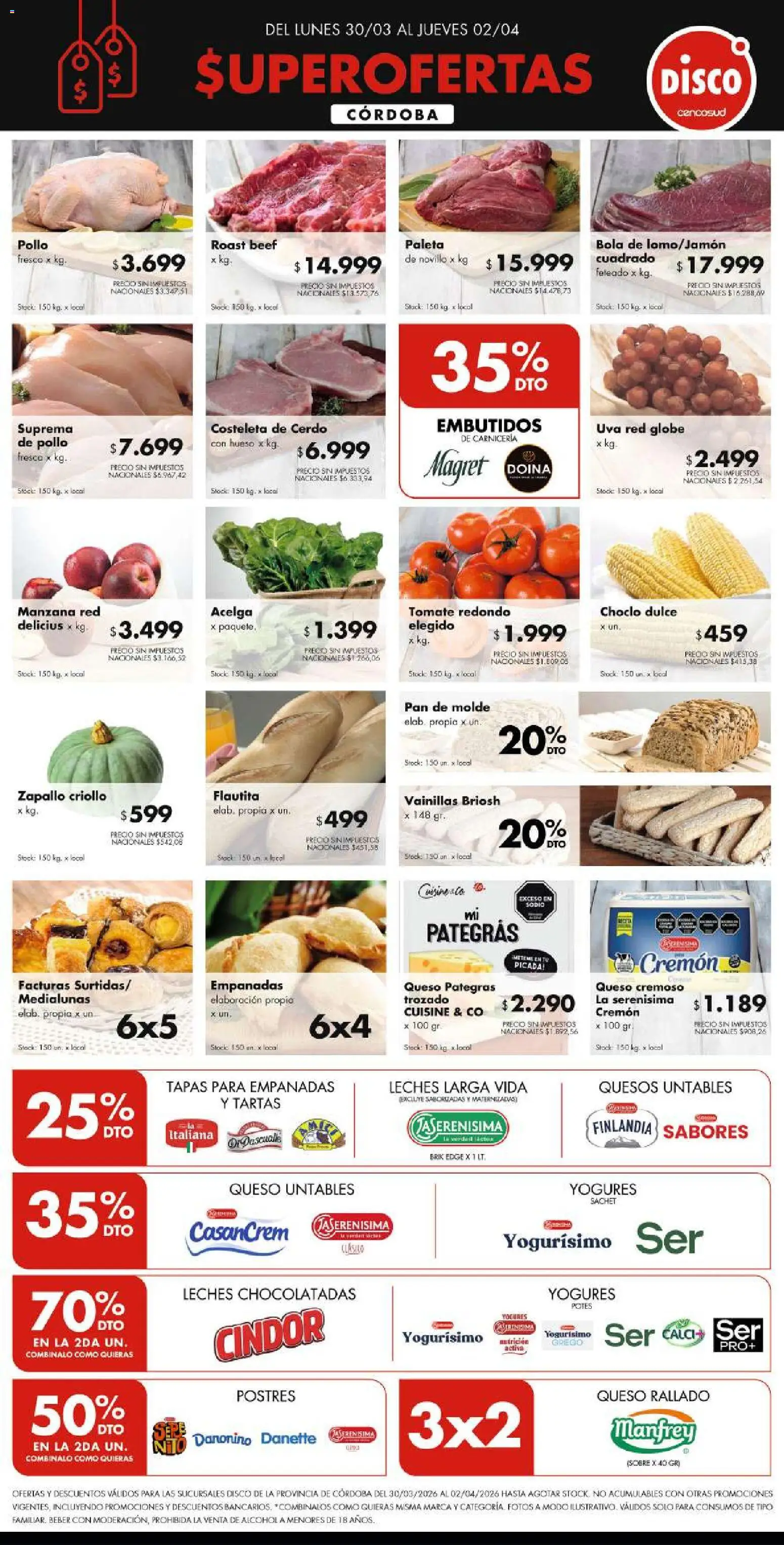 Vista previa del folleto de la tienda Disco válido desde el 29/03/2026 - Disco, Manzana, Uva, Sobre, Acelga, Queso rallado, Dulce, Molde