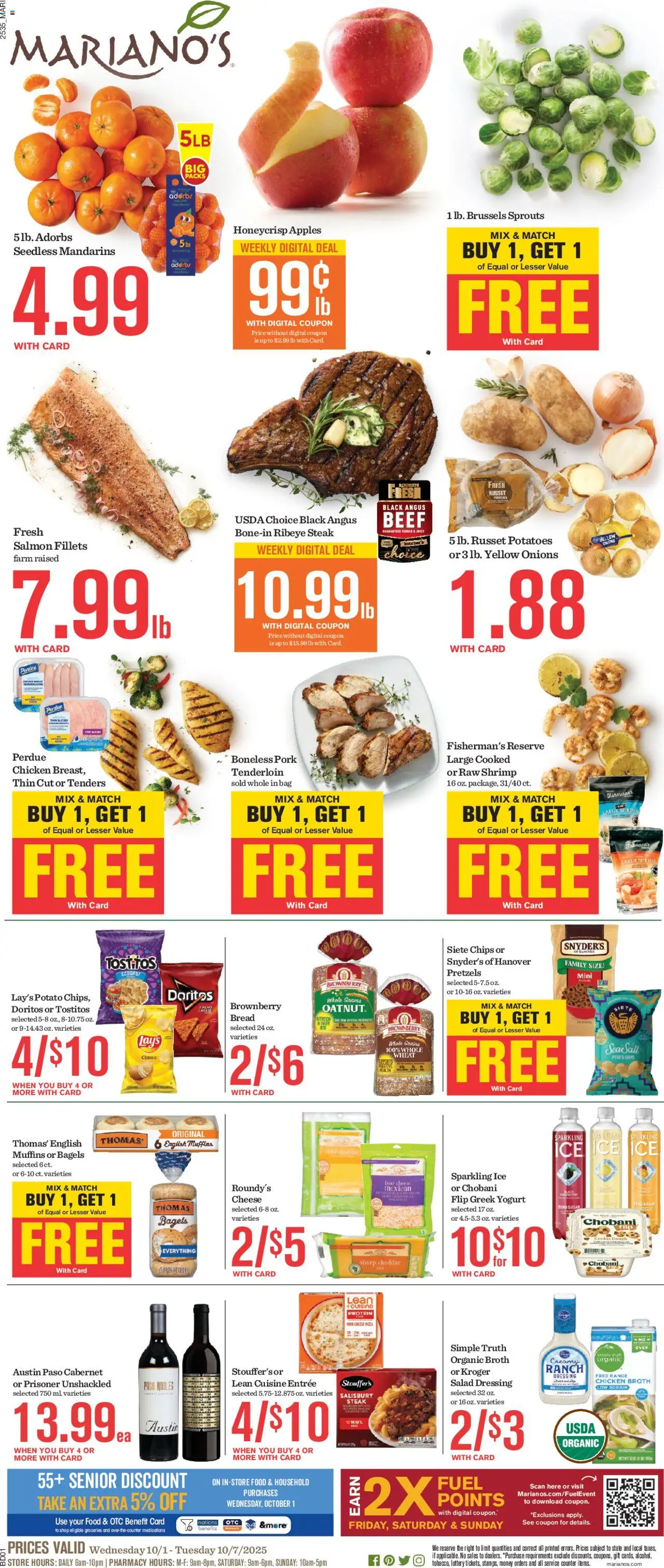 Ad Preview of Mariano's Weekly Ad from 10/01/2025 - Groceries, Ice, Salad, Chips, Cheese, Salmon, Yogurt, Muffins