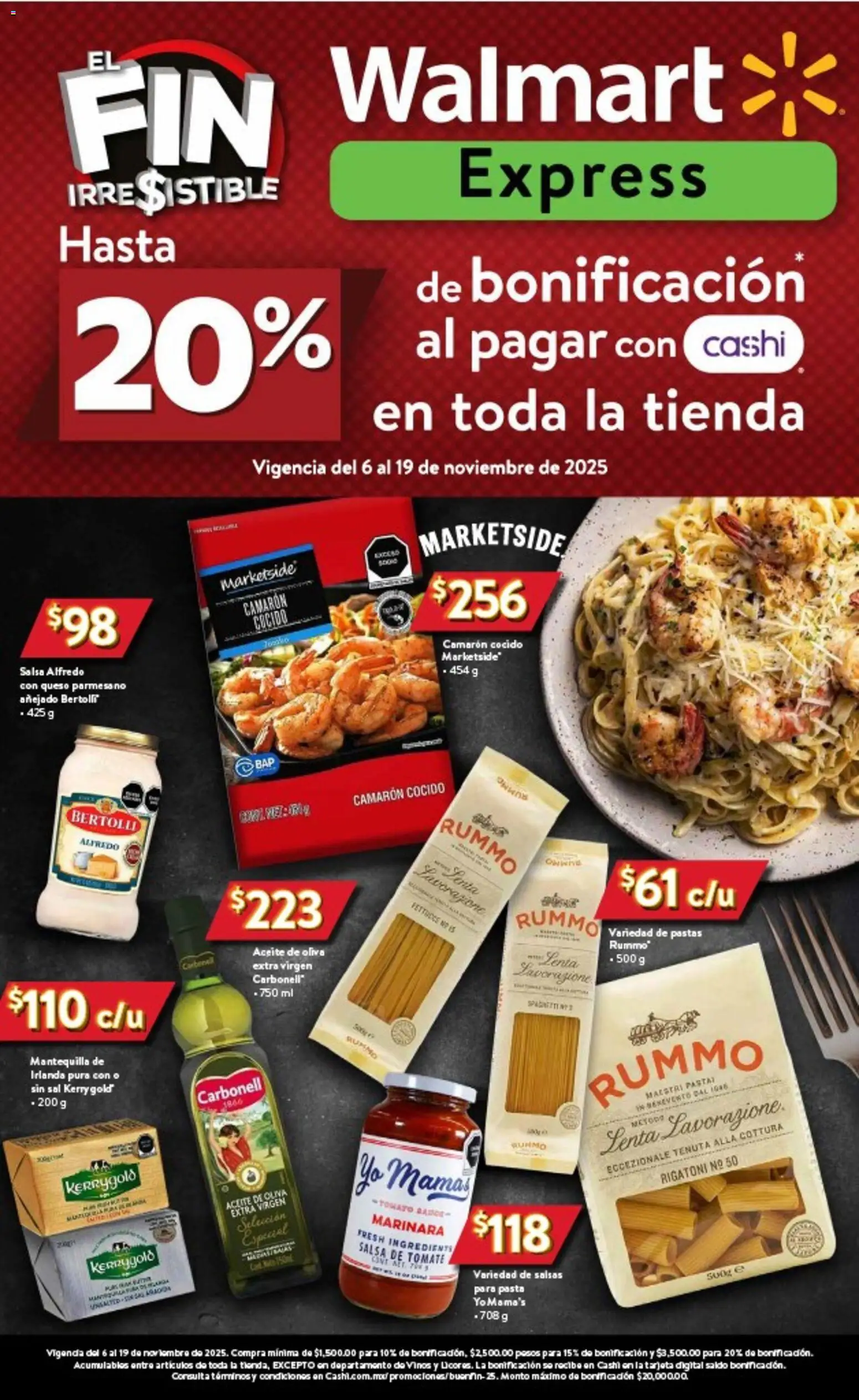 Vista previa las ofertas de la tienda Walmart Express - Buen Fin desde el 06/11/2025 - Tomate, Aceite de oliva, Mantequilla, Queso, Aceite, Queso parmesano, Sal, Salsas