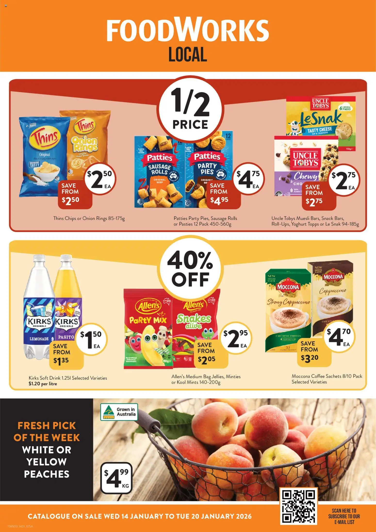 Preview of catalogue Catalogue SA from shop Foodworks valid 14/01/2026 - Peaches, Yoghurt, Coffee, Beef, Cappuccino, Sausage, Onion, Bag