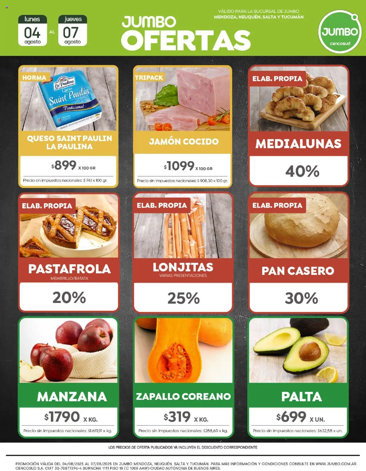 Jumbo Oferta - Interior del 04/08/2025 >> Catálogo - Zapallo, Manzana, Queso, Pan, Palta, Jamón cocido, Jamón