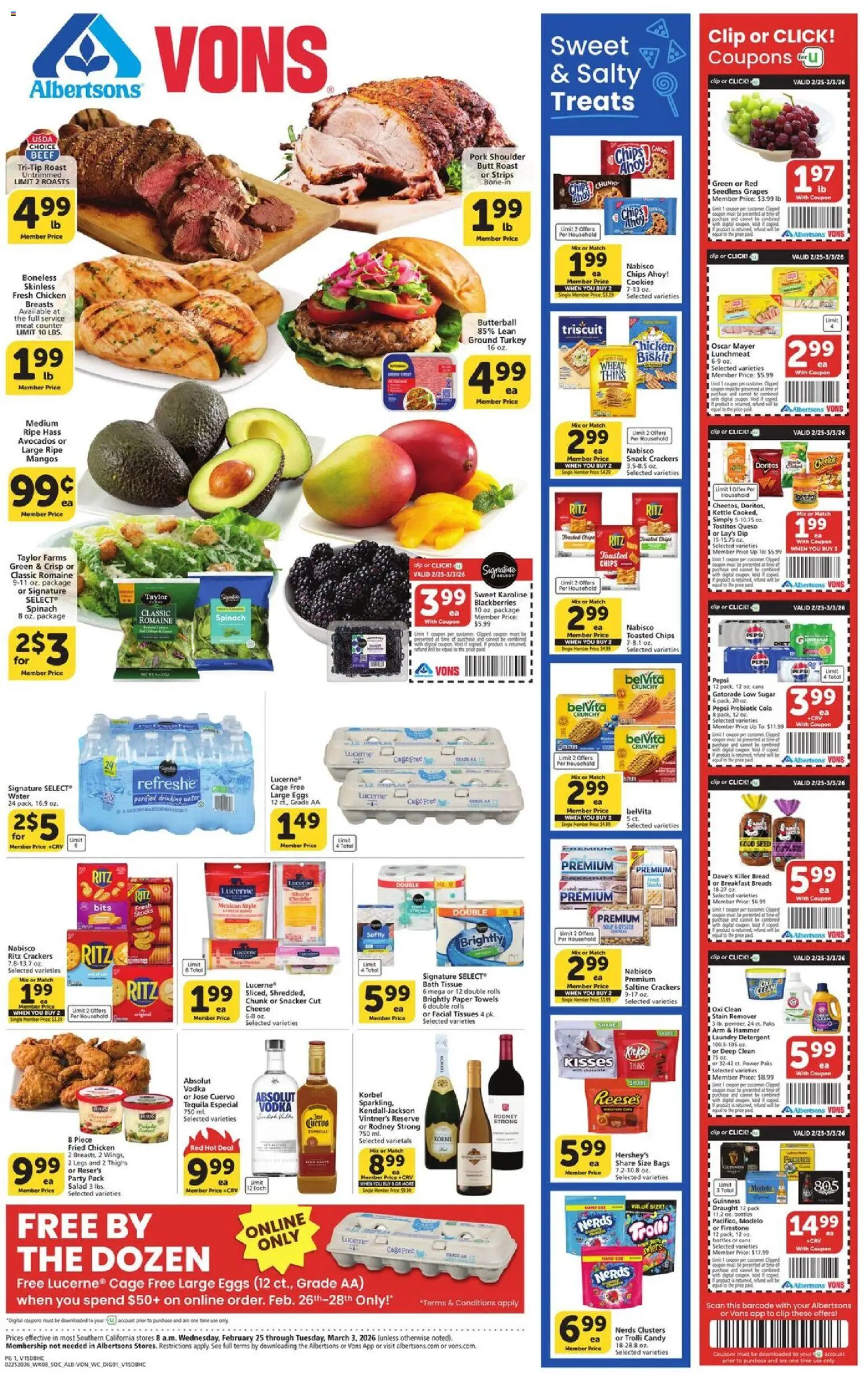 Ad Preview of Vons Weekly Ad from 02/25/2026 - Turkey, Tequila, Pepsi, Sugar, Tissues, Pork shoulder, Stain remover, Seedless grapes