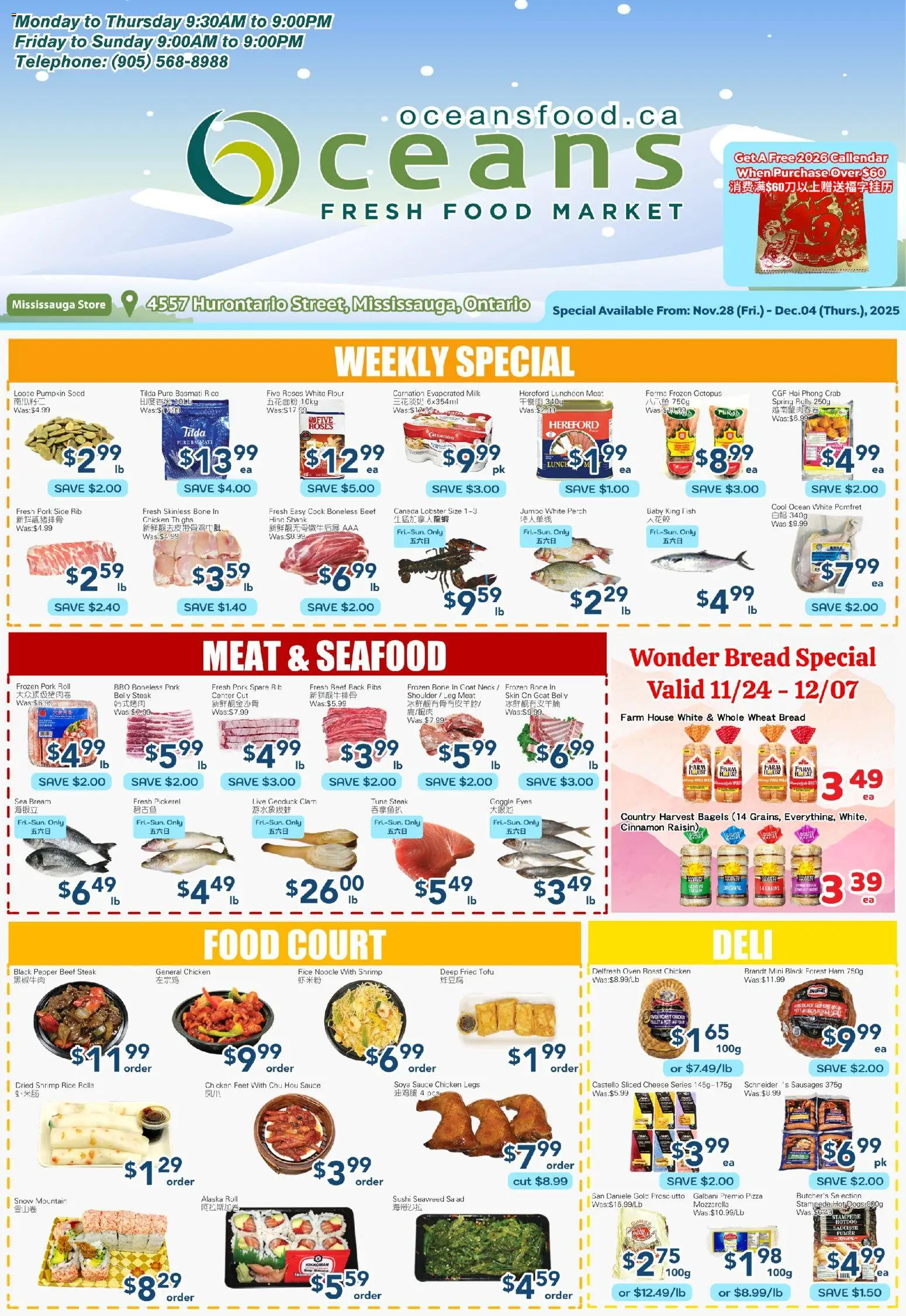 Preview of leaflet Weekly Flyer - Mississauga from shop Oceans is valid from Nov 28, 2025 - Sushi, Cheese, Pumpkin, Sausages, Tuna, Pork, Oven, Grains
