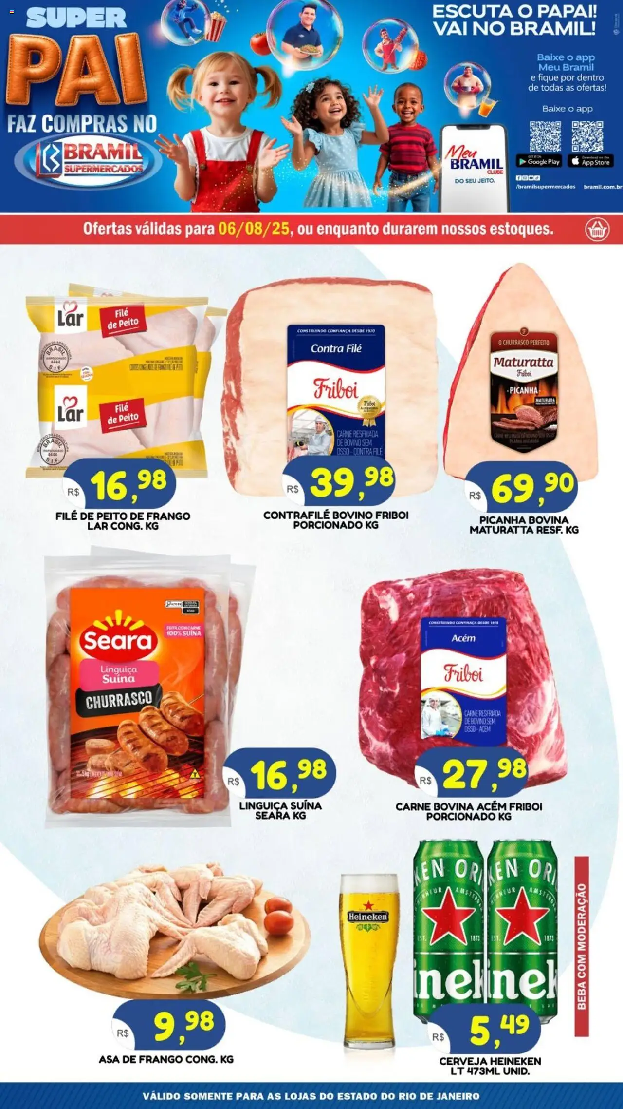 Bramil Supermercados folheto "Ofertas do Dia" válido a partir de 06/08/2025 - número de página 1 - Cerveja, Picanha, Frango, Peito de frango, Linguiça, Carne bovina, Asa de frango, Acém