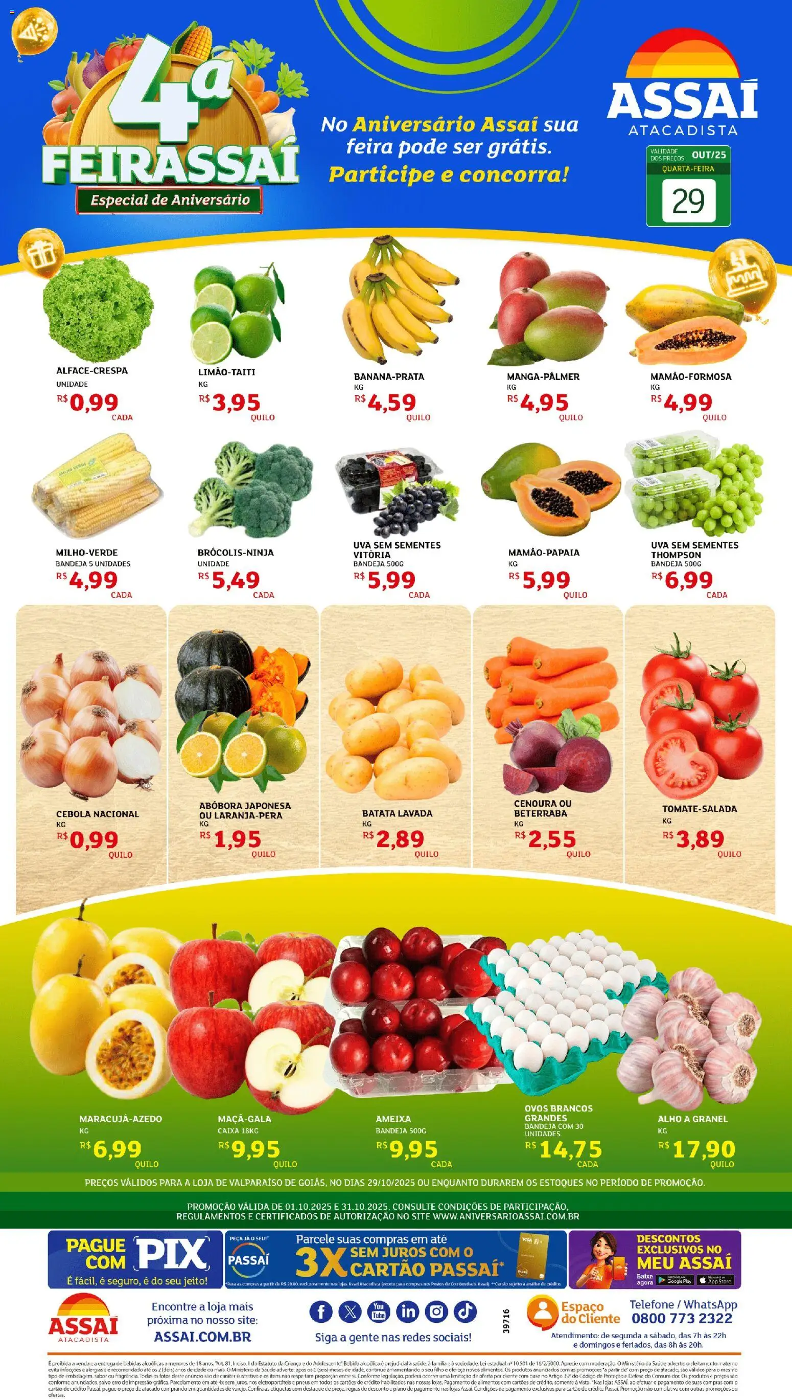 Pré-Visualização do folheto "Encarte - GO" da loja Assaí Atacadista válido a partir de 29/10/2025 - Caixa, Telefone, Uva, Base, Bebida, Batata, Alimentos, Alho