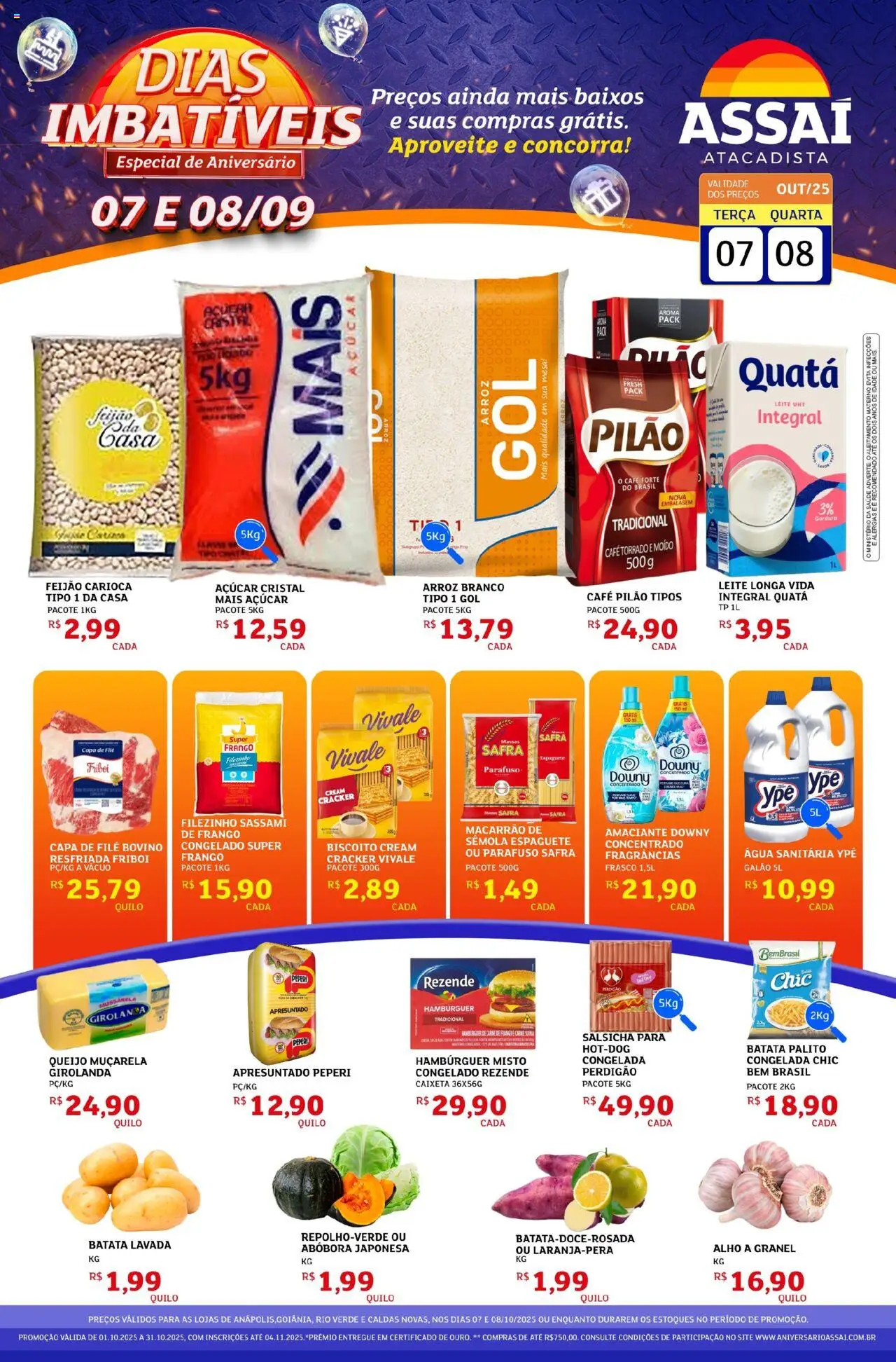 Pré-Visualização do folheto "Encarte - GO" da loja Assaí Atacadista válido a partir de 07/10/2025 - Hambúrguer, Macarrão, Arroz, Biscoito, Leite, Café pilão, Muçarela, Leite longa vida