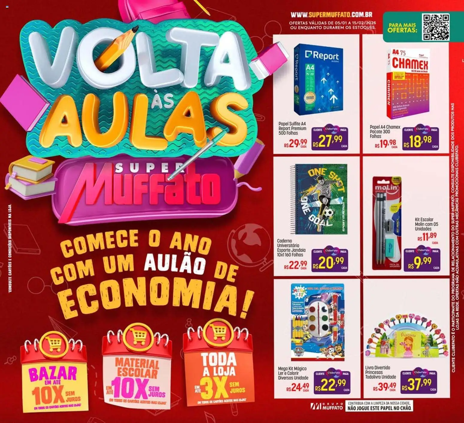 Pré-Visualização do folheto "Ofertas Voltas às Aulas" da loja Super Muffato válido a partir de 05/01/2026 - Livro, Caderno, Papel sulfite