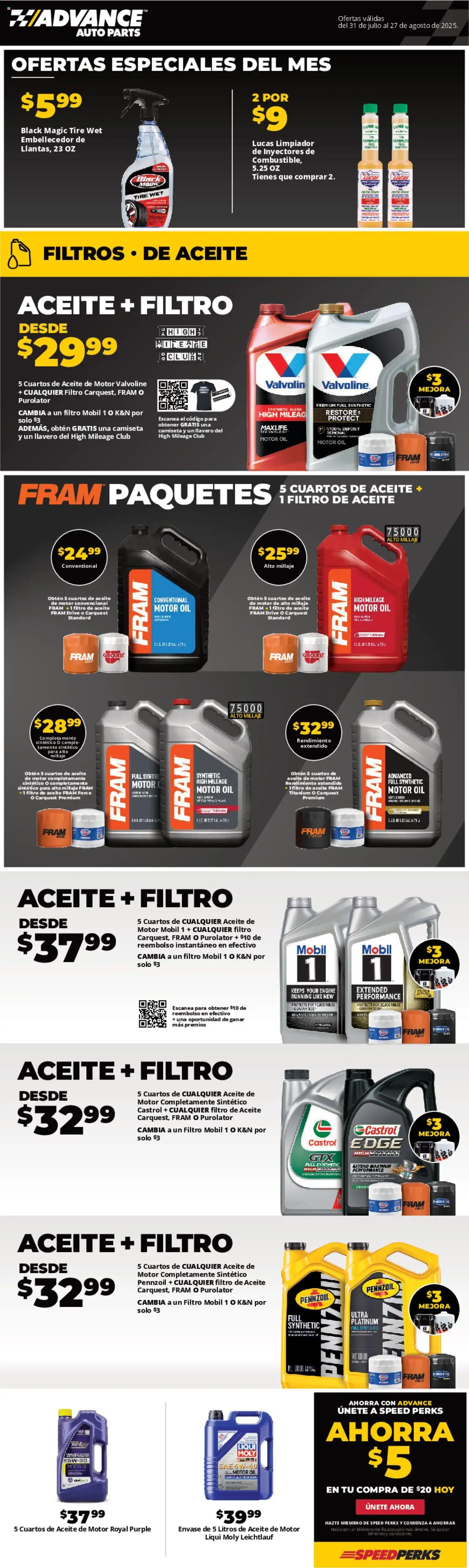 Advance Auto Parts Weekly Ad - Spanish from 07/31/2025 - Flyer - Page number 1 - Tire, Oil, Motor Oil