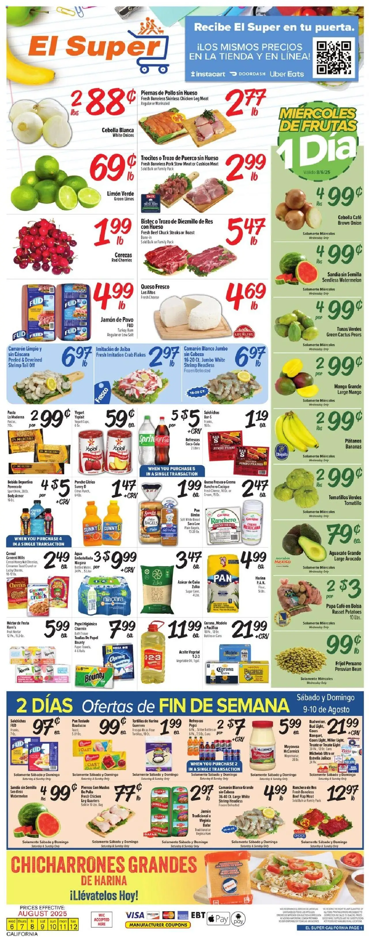 El Super Weekly Ad - CA from 08/06/2025 - Flyer - Page number 1 - Bananas, Potatoes, Yogurt, Pan, Pepsi, Onion, Bath, Cushion