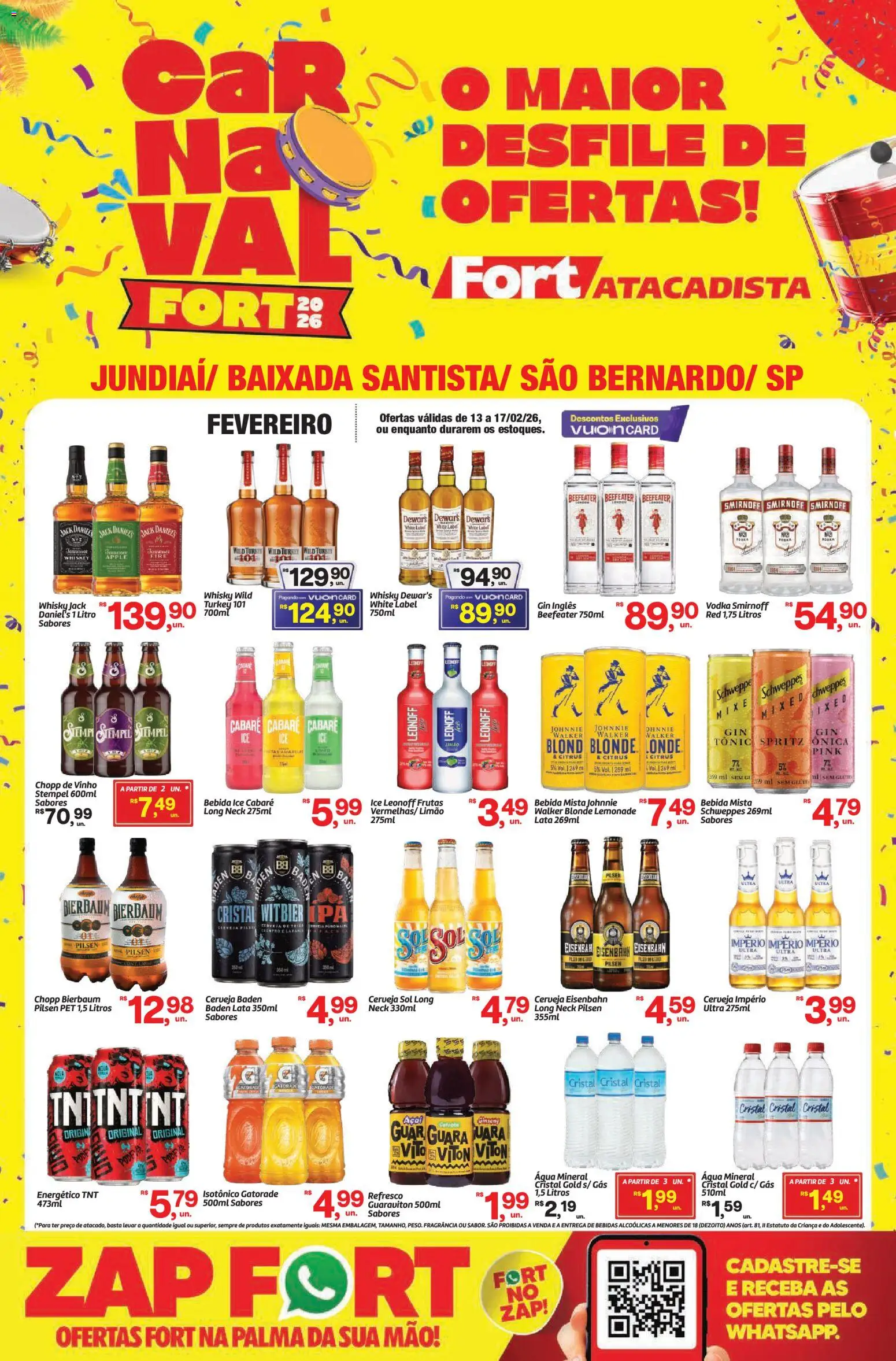 Pré-Visualização do folheto "Ofertas Carnaval" da loja Fort Atacadista válido a partir de 13/02/2026 - Açaí, Frutas, Gin, Vinho, Bebida, Eisenbahn, Fragrância, Água mineral