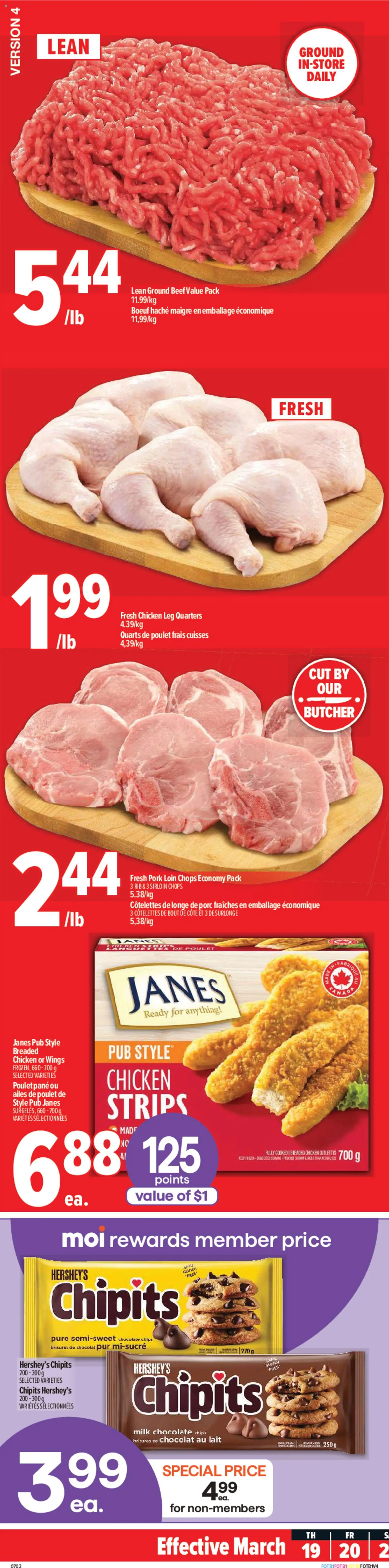 Preview of leaflet Metro weekly flyer - Trois-Pistoles from shop Metro is valid from Mar 19, 2026 - Chicken, Chocolate, Chips, Beef, Pork, Ground beef, Strips, Pork loin