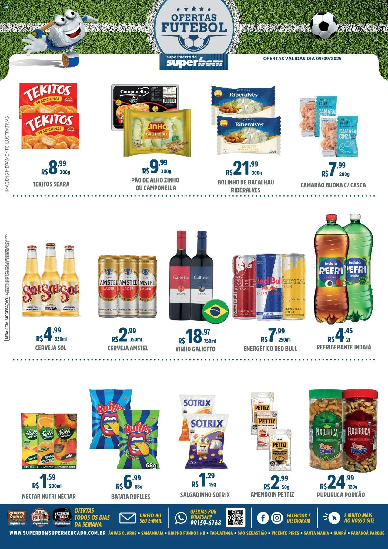 Superbom folheto "Ofertas Futebol" válido a partir de 09/09/2025 - número de página 1 - Cerveja, Vinho, Amendoim, Bebidas, Camarão, Pão, Refrigerante, Pimenta