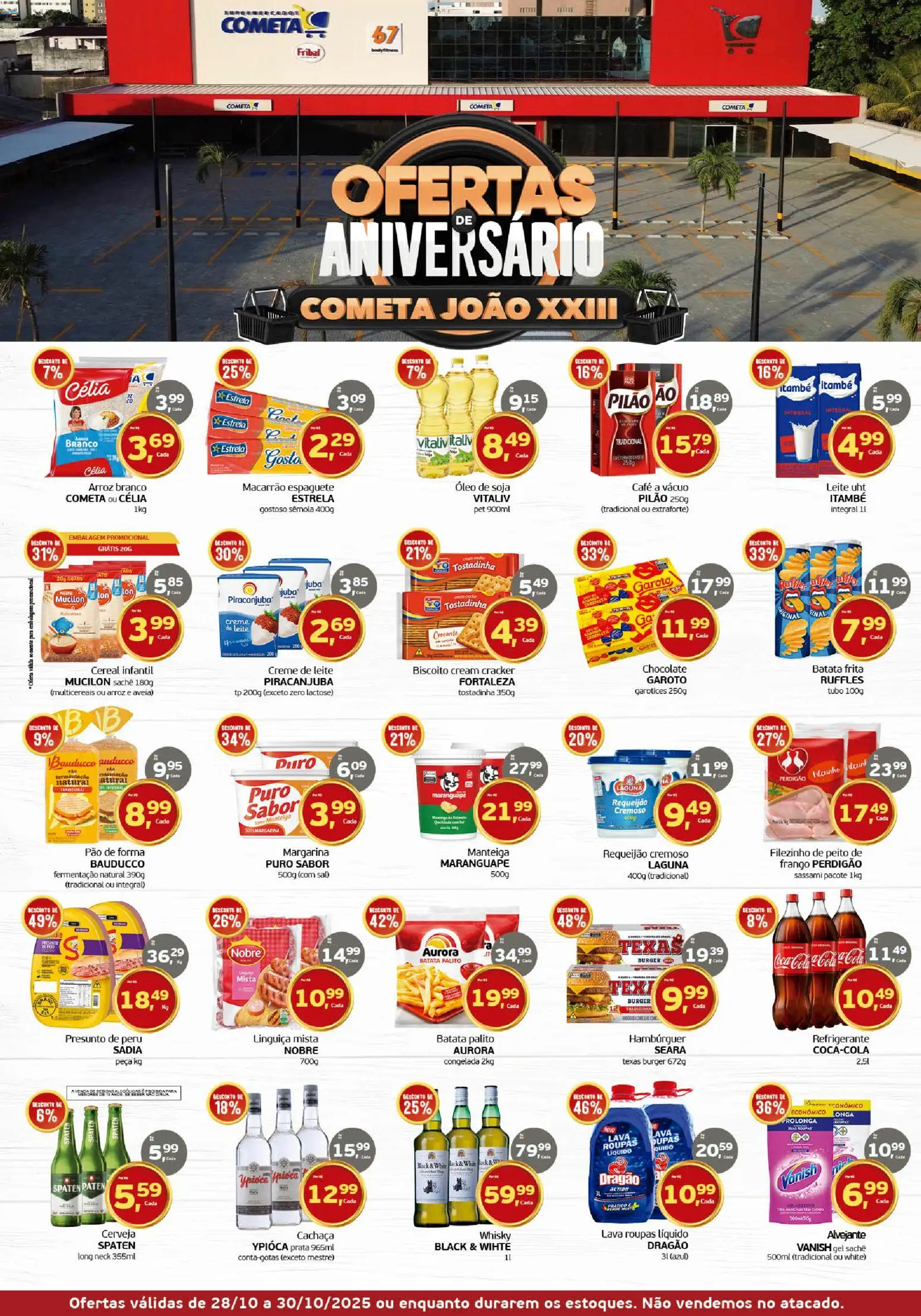 Pré-Visualização do folheto "Ofertas Aniversário João XXIII" da loja Cometa Supermercados válido a partir de 28/10/2025 - Whisky, Óleo, Mucilon, Leite, Refrigerante, Creme de leite, Linguiça, Alvejante