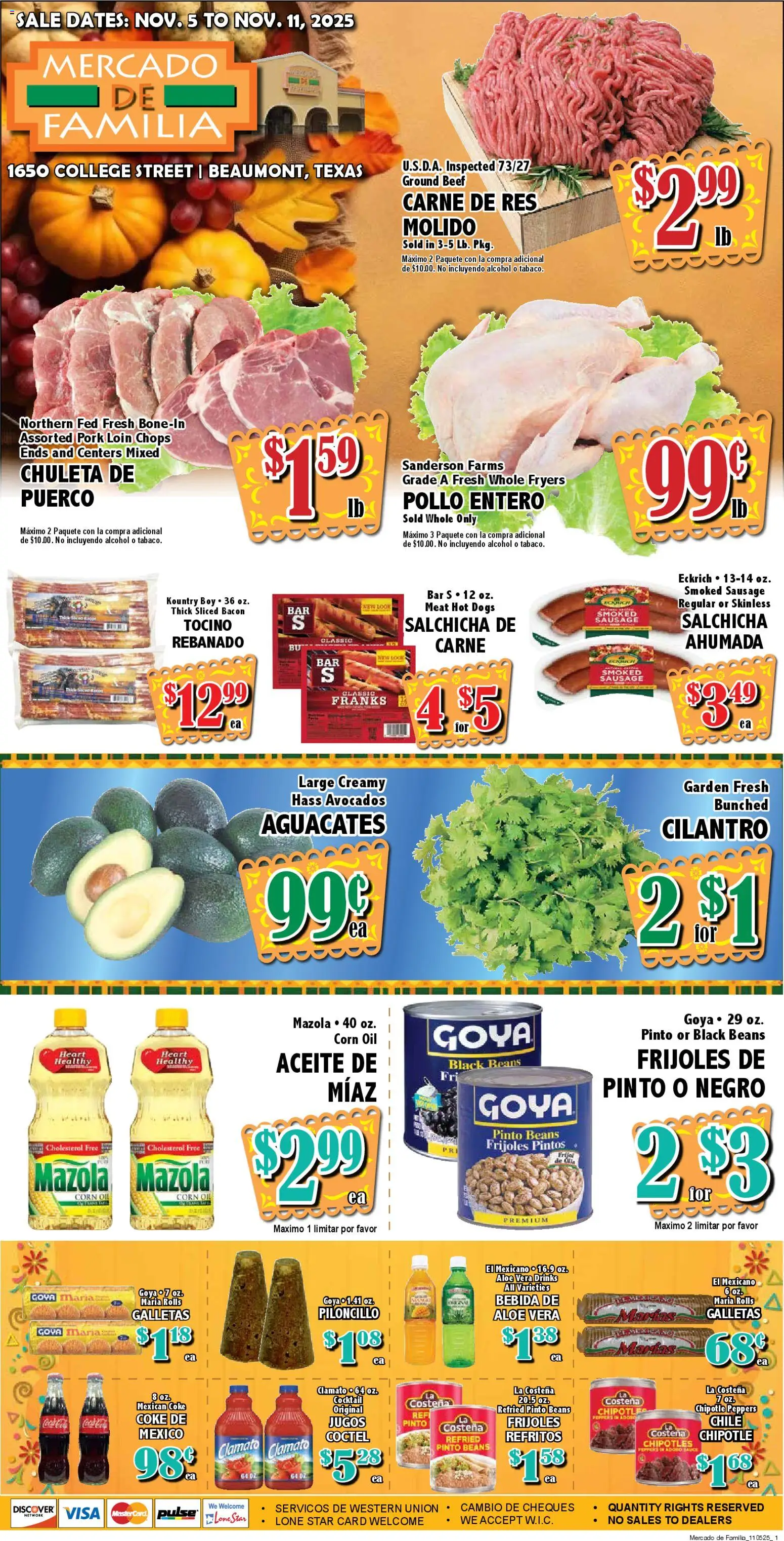 Ad Preview of Market Basket Mercado from 11/05/2025 - Alcohol, Corn, Meat, Oil, Bacon, Aloe Vera, Ground beef, Pork loin