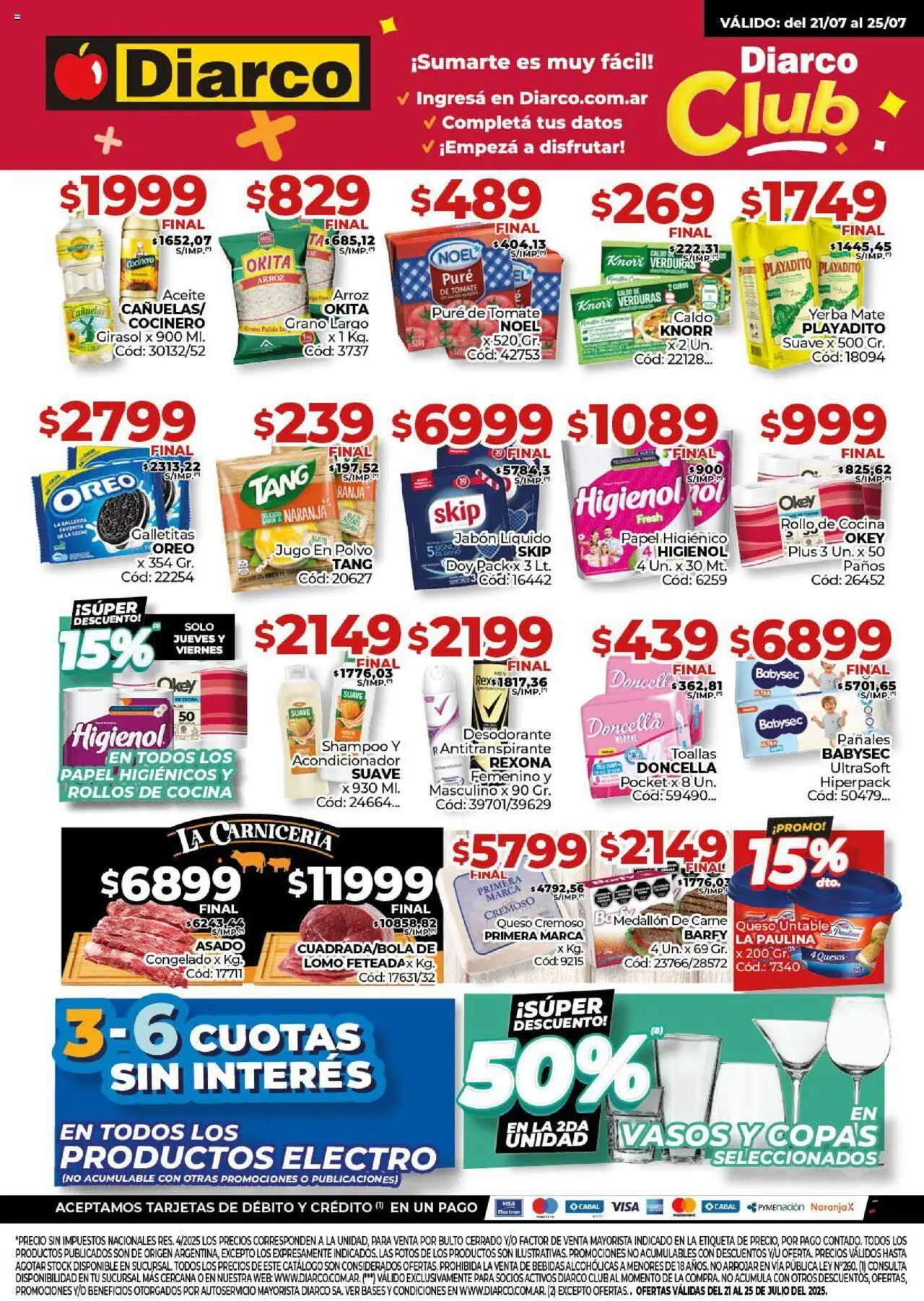 Diarco Ofertas del 21/07/2025 Online - Galletitas, Aceite, Jabón líquido, Acondicionador, Carne, Queso, Jugo, Vasos