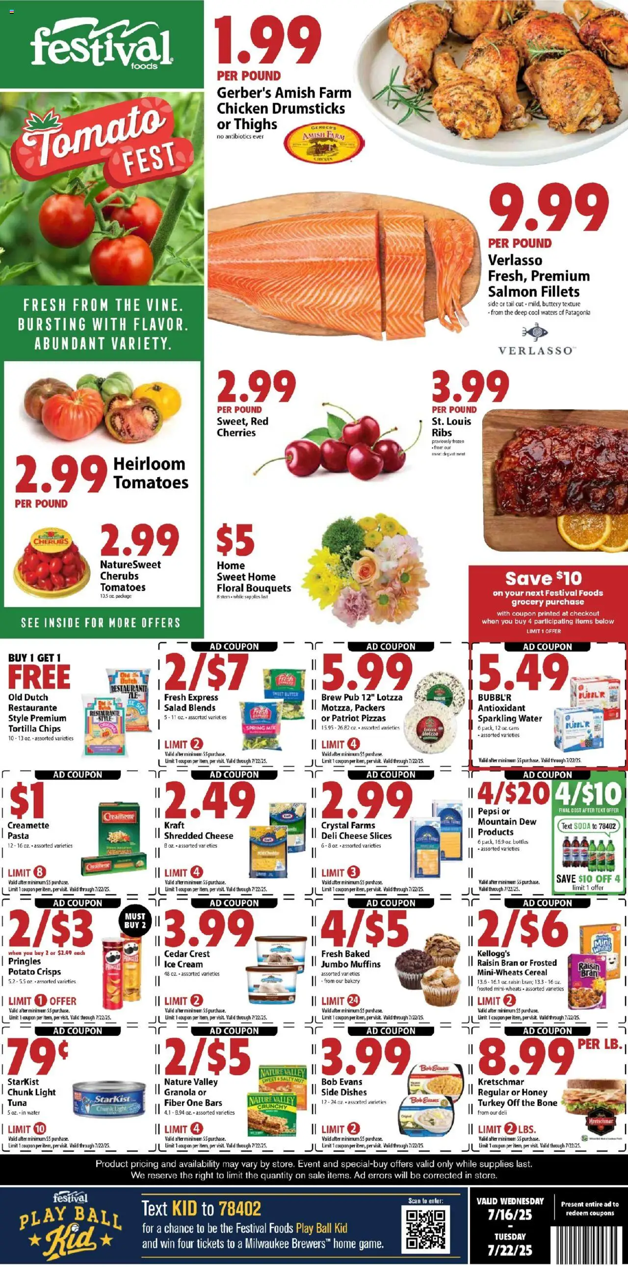 Festival Foods Weekly Ad from 07/16/2025 - Flyer - Page number 1 - Dishes, Cherries, Butter, Cheese, Tomatoes, Cream, Tomato, Muffins