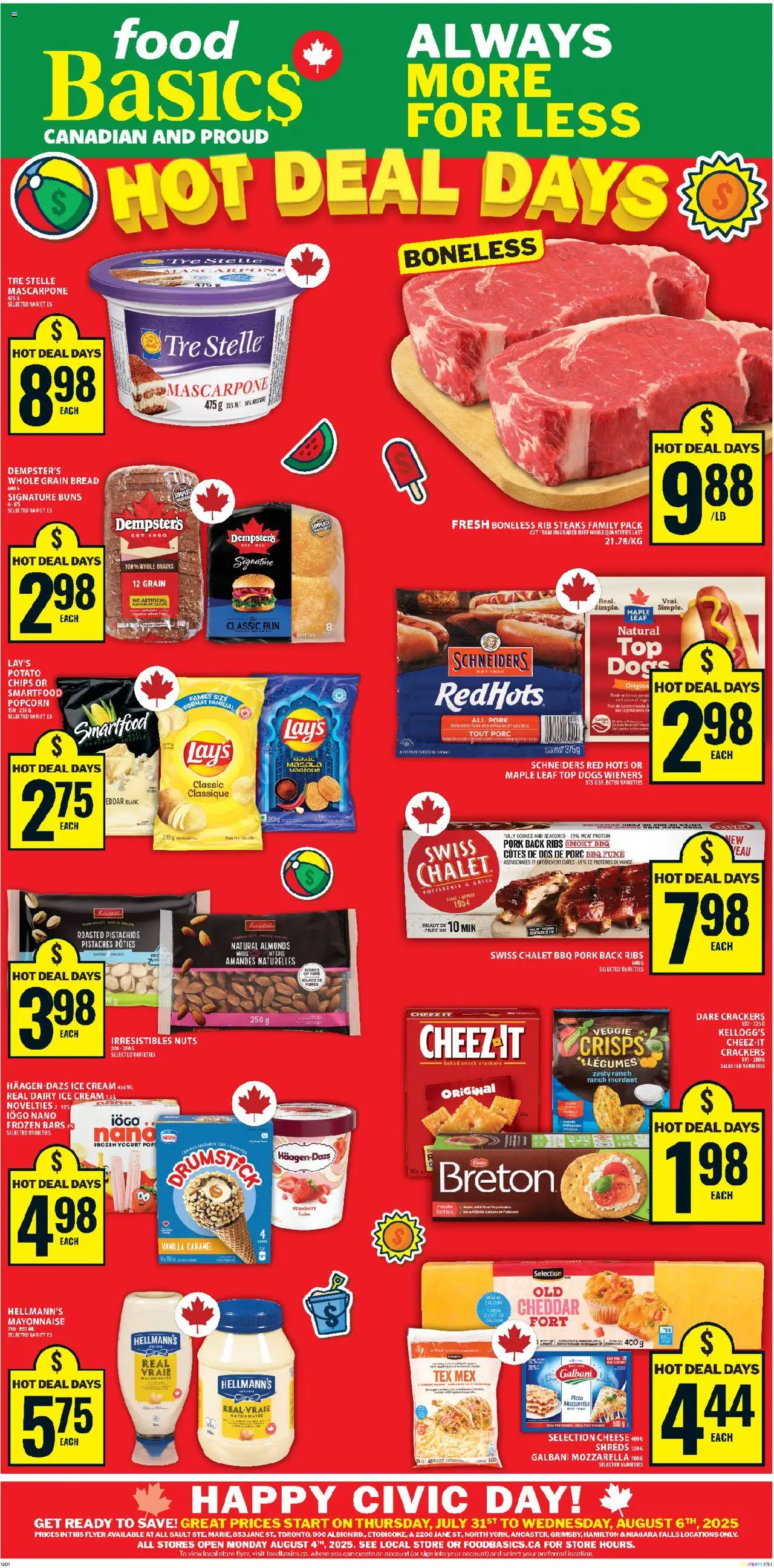 Food Basics flyer valid from Jul 31, 2025 - page number 1 - Ice cream, Yogurt, Mascarpone, Cream, Mozzarella, Crackers, Almonds, Cheddar