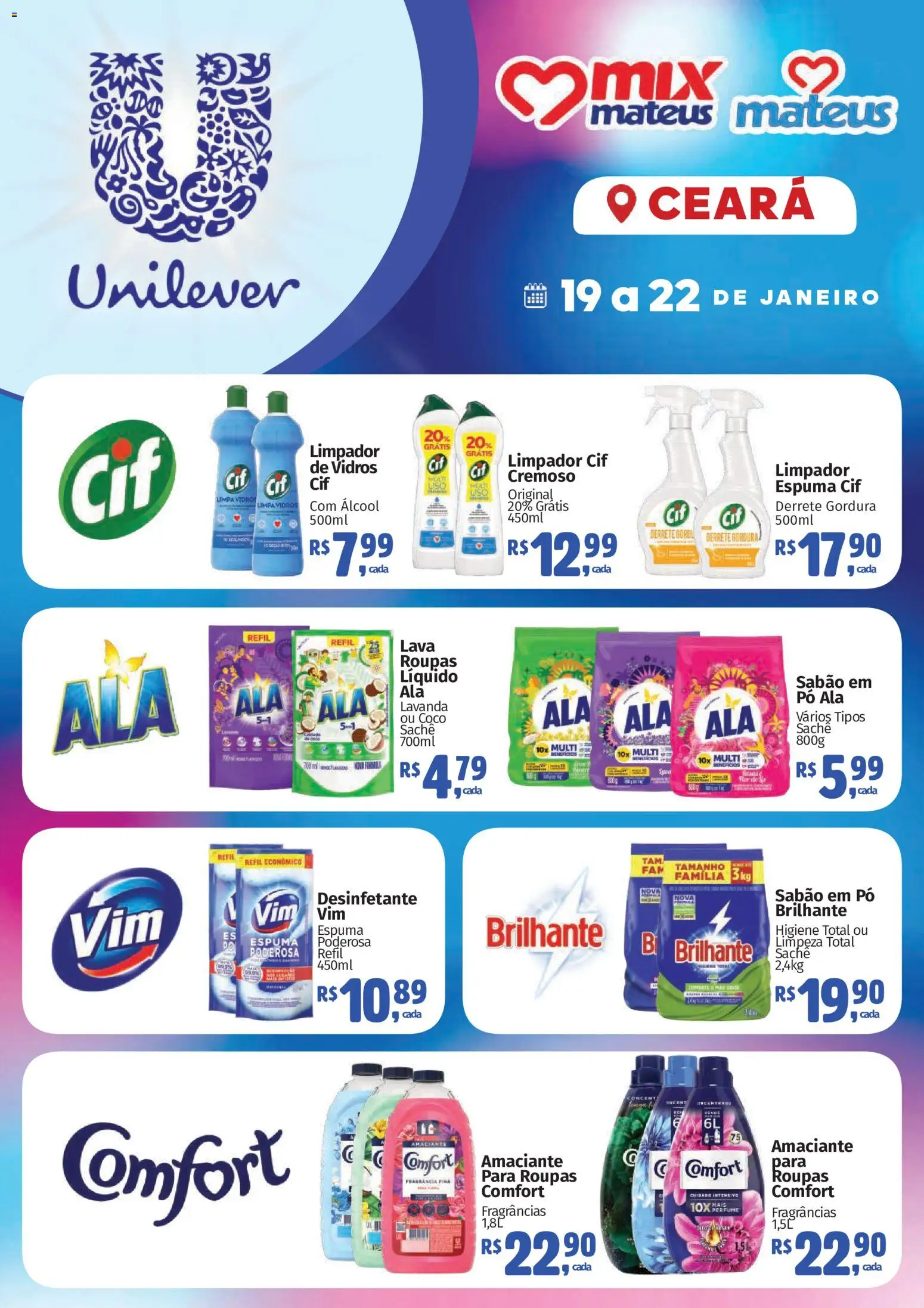 Pré-Visualização do folheto "Ofertas Unilever " da loja Mateus válido a partir de 19/01/2026 - Coco, Perfume, Álcool, Desinfetante, Amaciante, Pó, Limpa vidros, Sabão