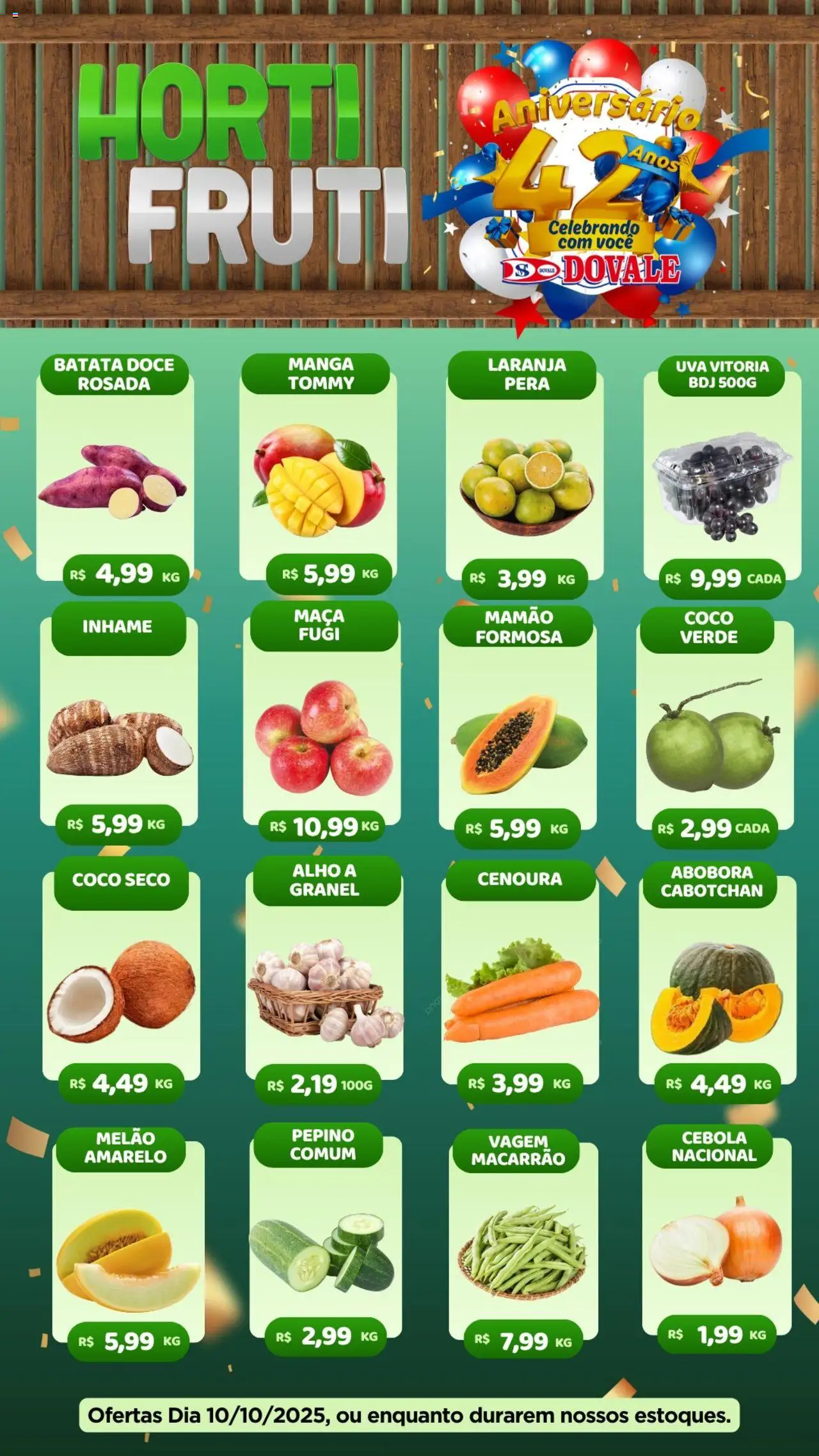 Dovale folheto "Ofertas do Dia" válido a partir de 10/10/2025 - número de página 1 - Coco, Abóbora, Doce, Batata, Pera, Cenoura, Cebola, Alho