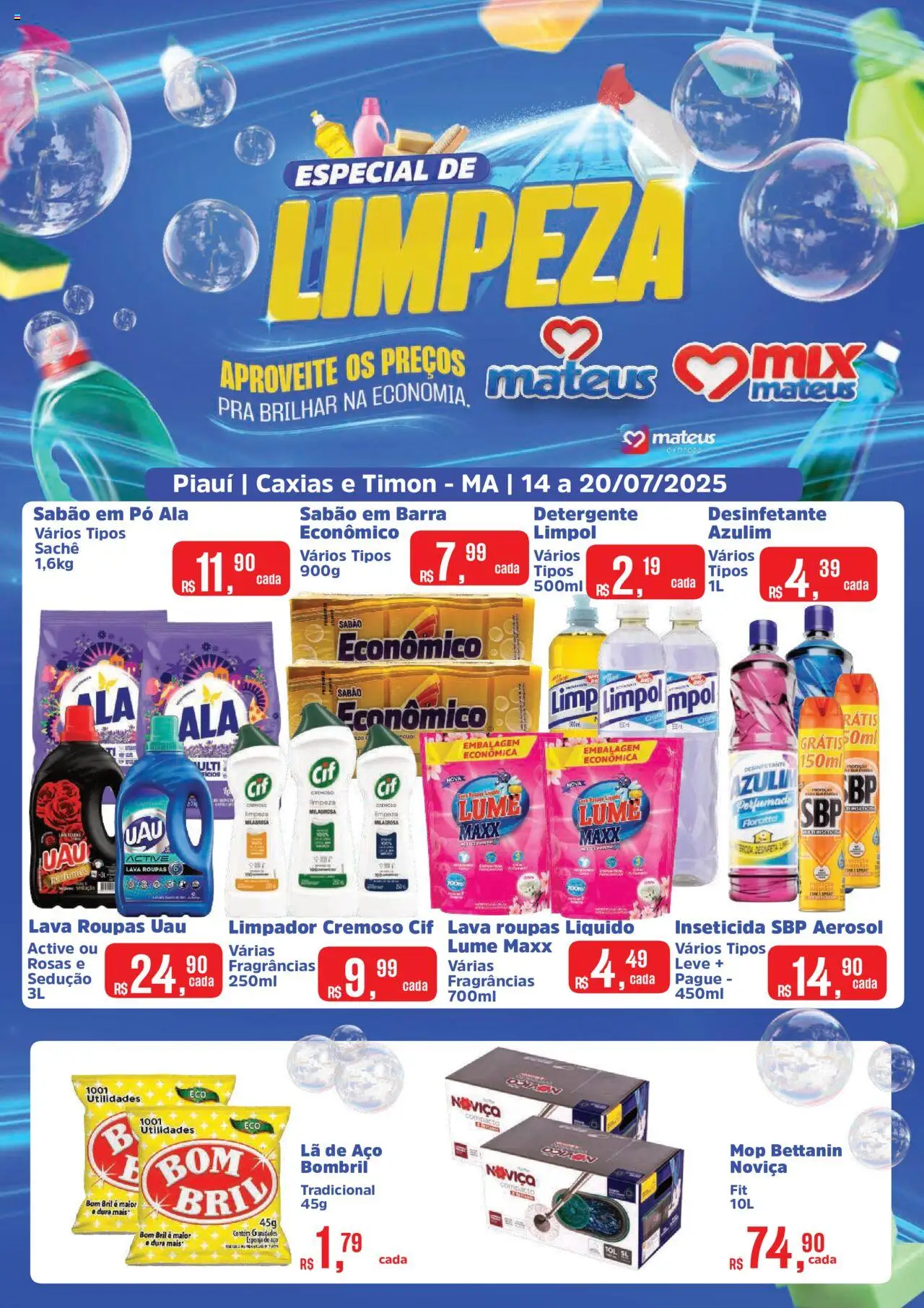 Mateus folheto "Ofertas Festival da Limpeza" válido a partir de 14/07/2025 - número de página 1 - Perfume, Mop, Desinfetante, Detergente, Pó, Esponja, Azulim, Sabão