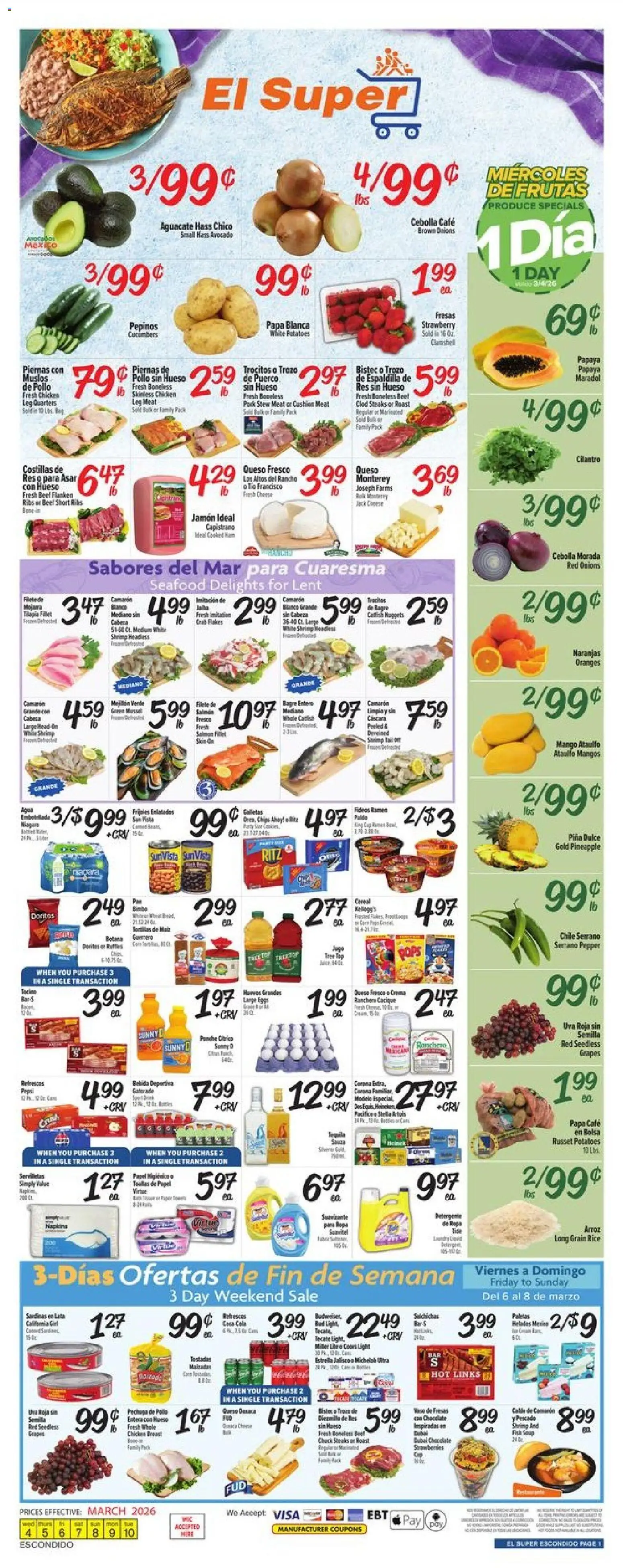 Ad Preview of El Super El Super Weekly Ad from 03/04/2026 - Seafood, Tequila, Pineapple, Meat, Cucumbers, Pepper, Grapes, Cushion