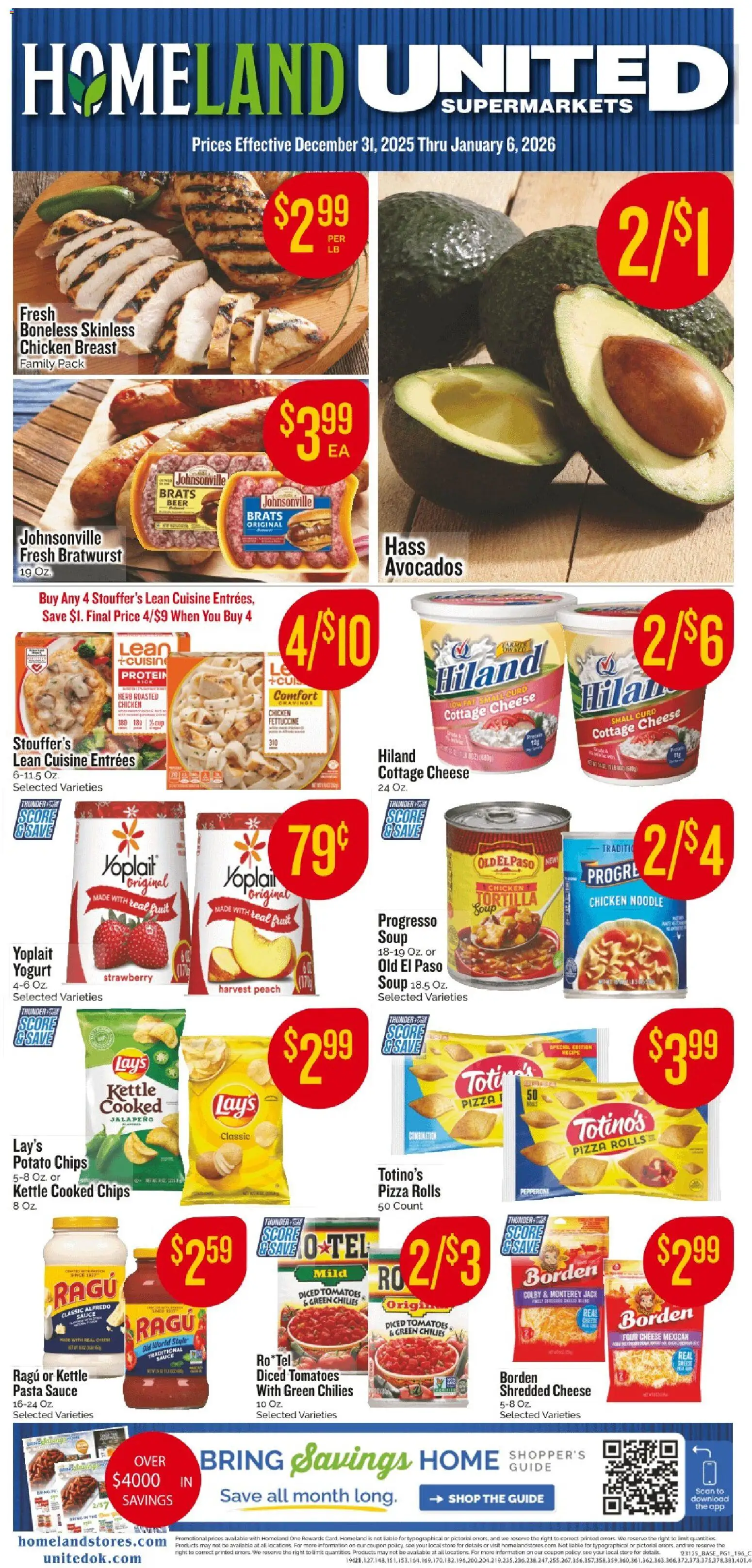 Ad Preview of Homeland Weekly Ad from 12/31/2025 - Pizza, Pasta, Chips, Yogurt, Protein, Bratwurst, Potato chips, Chicken