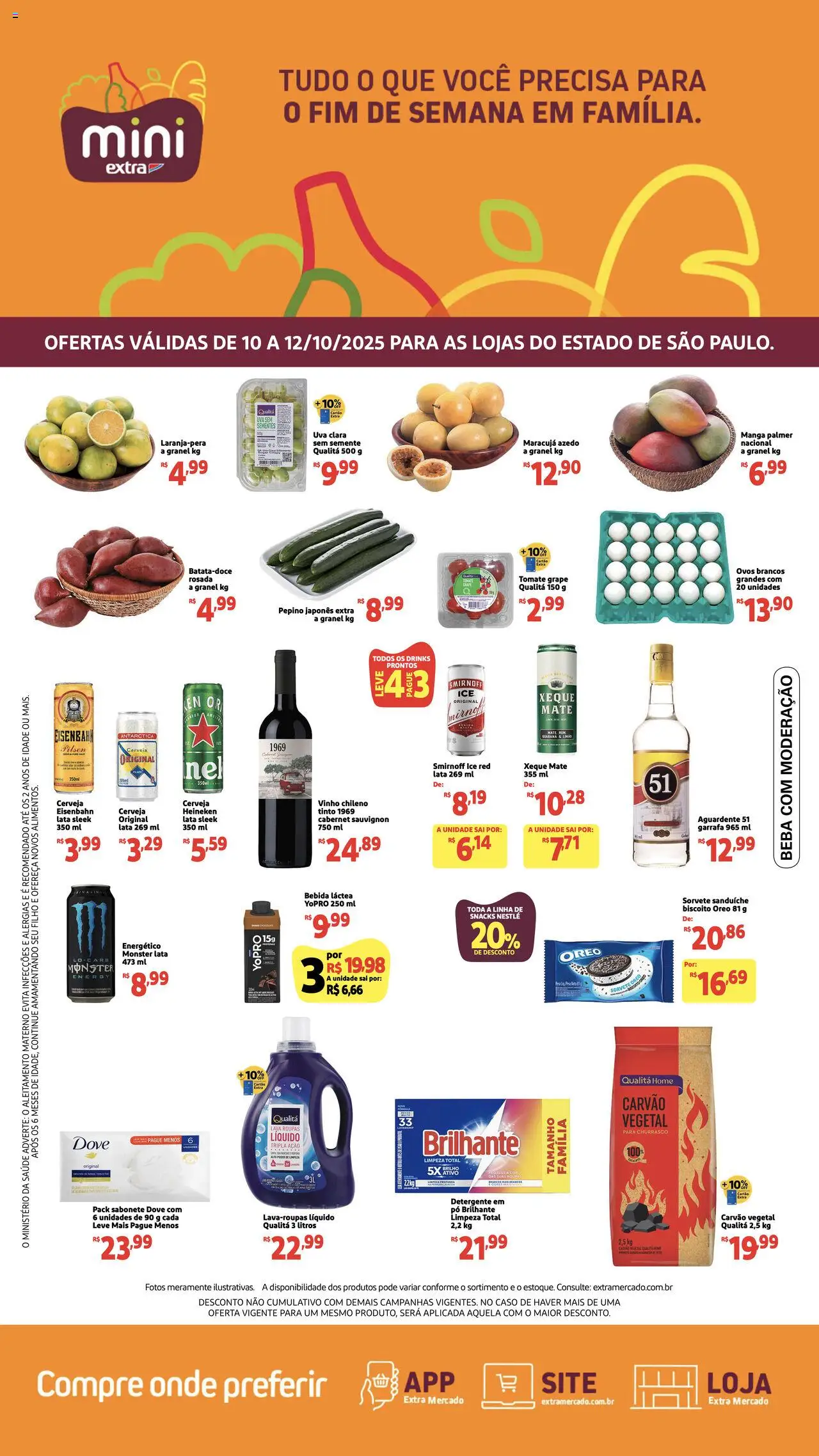 Mini Extra folheto "Ofertas Fim de semana" válido a partir de 10/10/2025 - número de página 1 - Sorvete, Cerveja, Monster, Bebida, Tomate, Energético, Detergente, Dove