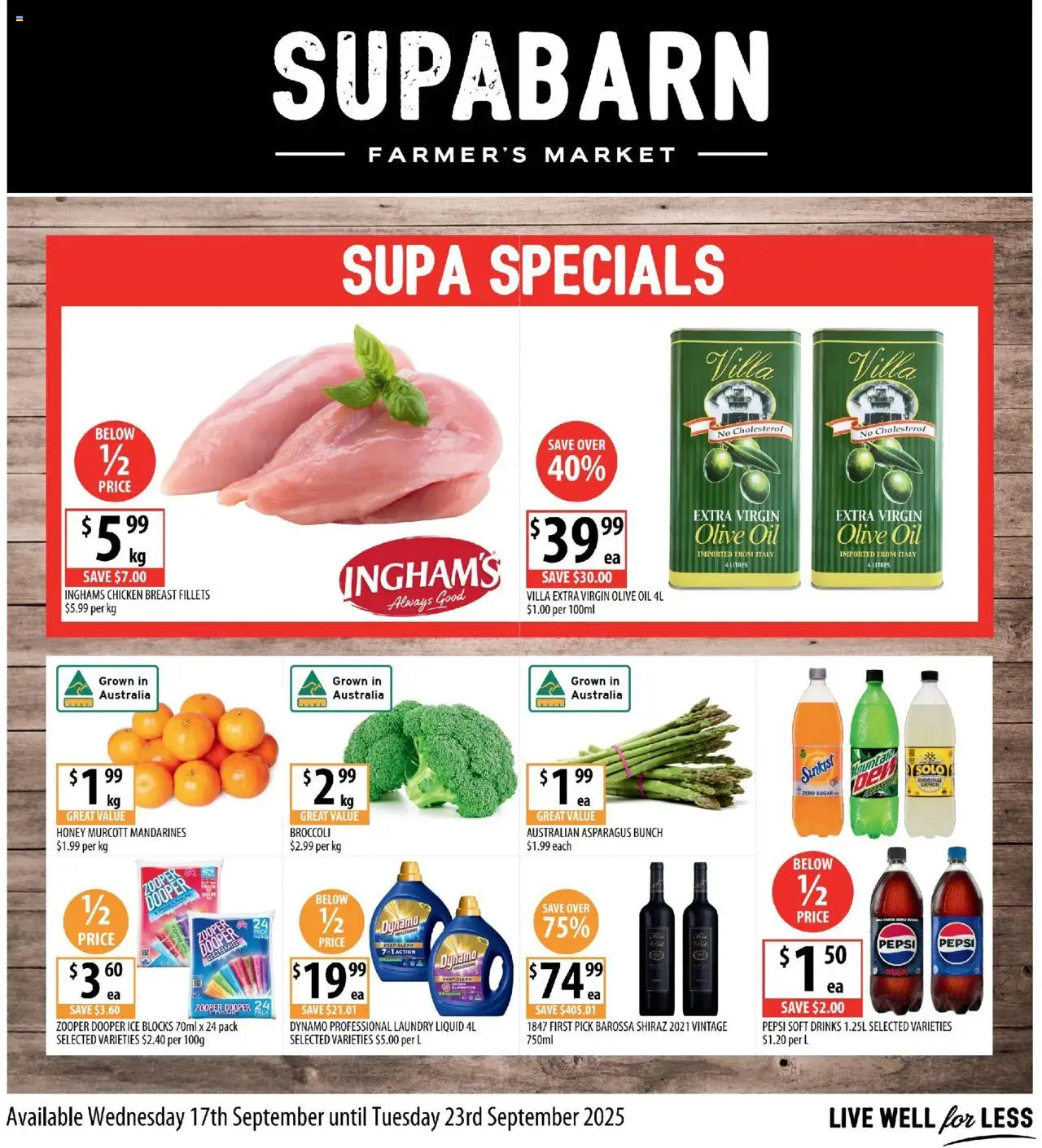 Supabarn catalogue valid from 17/09/2025 - page 1 - Broccoli, Oil, Chicken breast, Pepsi, Olive oil, Ice, Laundry, Asparagus