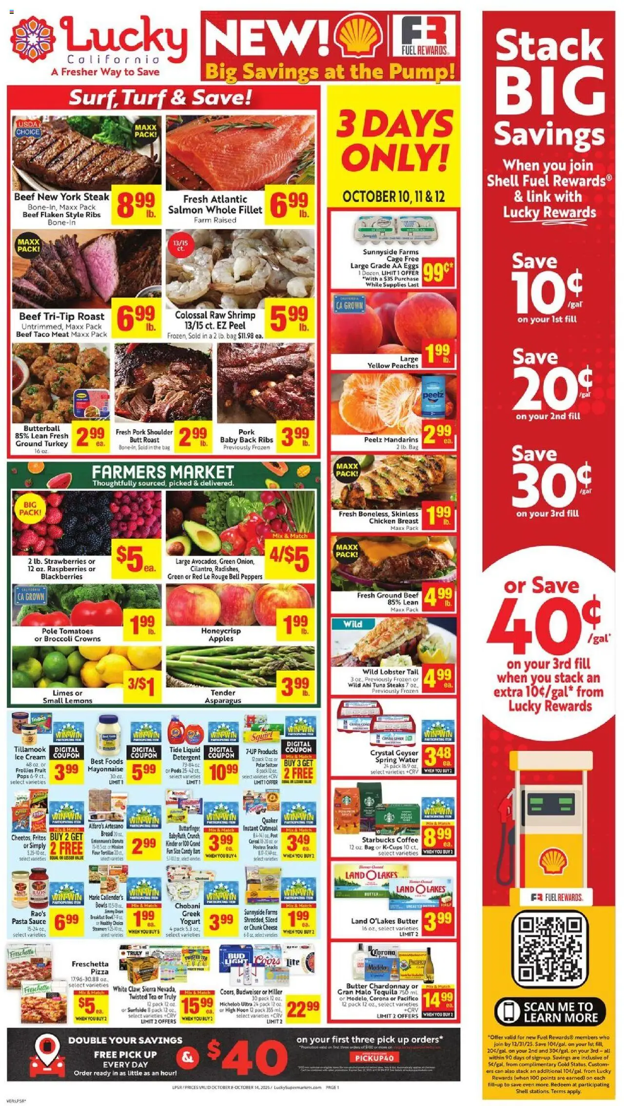 Lucky Supermarkets Weekly - AK from 10/08/2025 - Flyer - Page number 1 - Pizza, Pasta, Yogurt, Tomatoes, Butter, Pork, Pump, Detergent