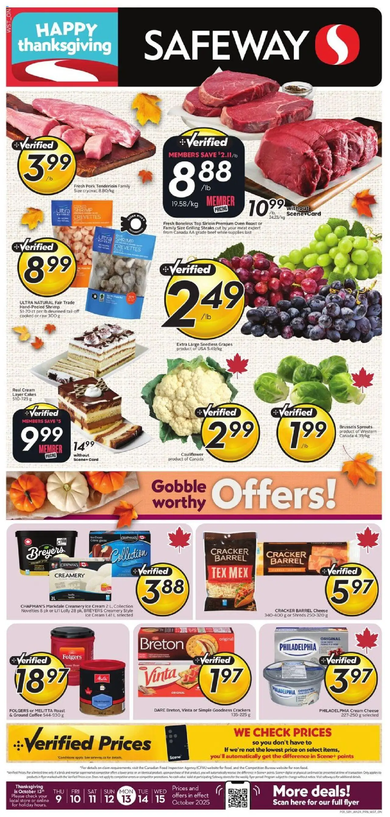 Safeway flyer valid from Oct 09, 2025 - page number 1 - Cheese, Ice, Meat, Cream cheese, Pork tenderloin, Oven, Grapes, Ground coffee