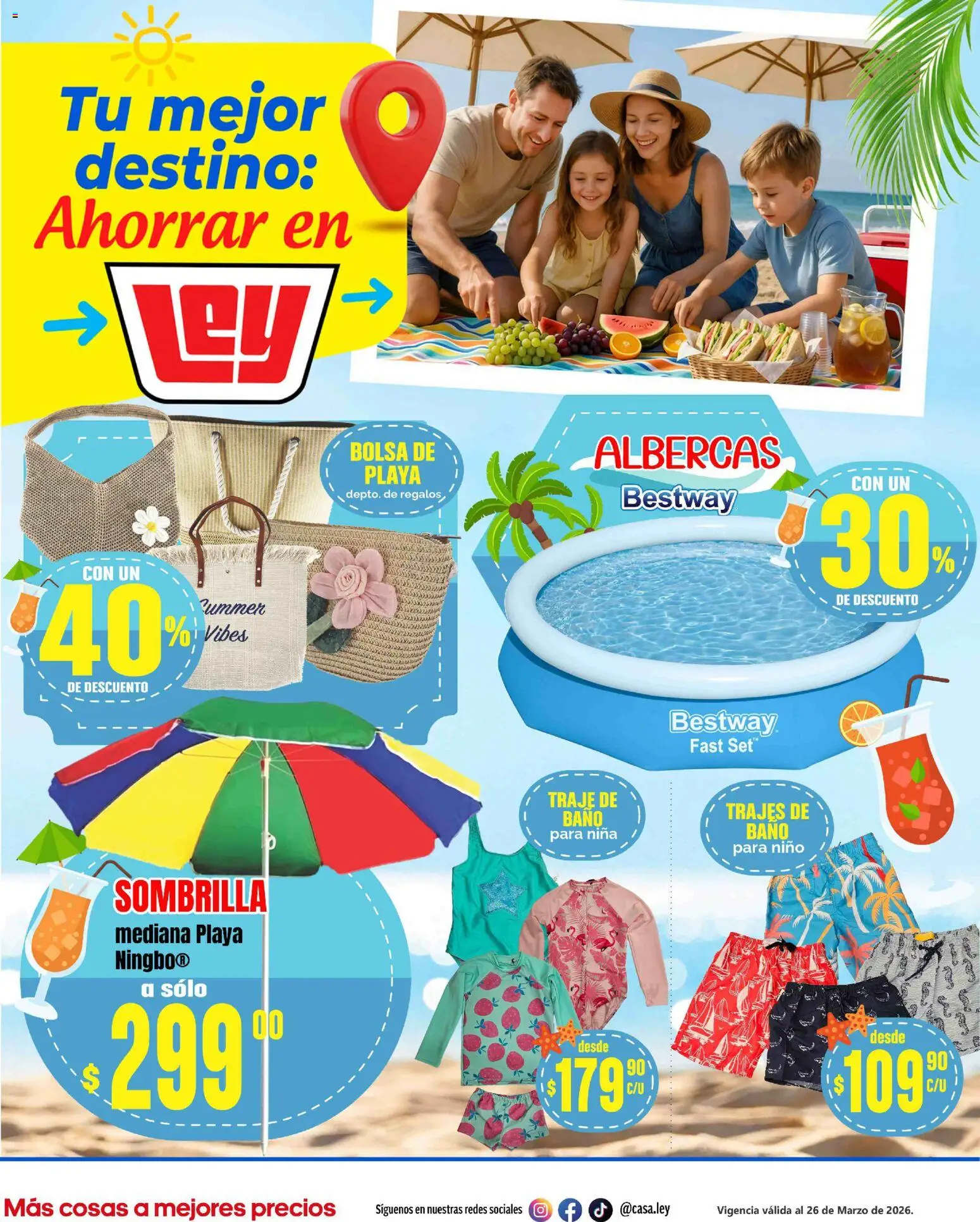 Vista previa las ofertas de la tienda Casa Ley - Casa Ley folleto Tu mejor destino desde el 20/03/2026 - Baño, Bolsa, Traje de baño, Traje, Sombrilla