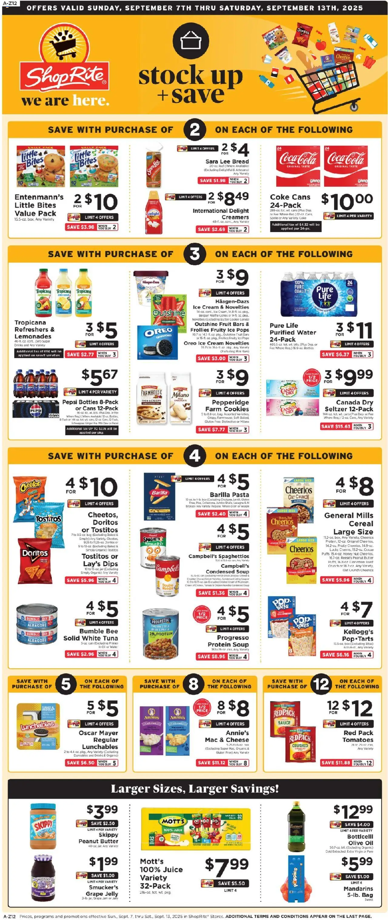 ShopRite Circular from 09/07/2025 >> Weekly Ad, flyer - Page number 1 - Water, Protein, Olive oil, Tuna, Peanut butter, Bag, Barilla pasta, Barilla