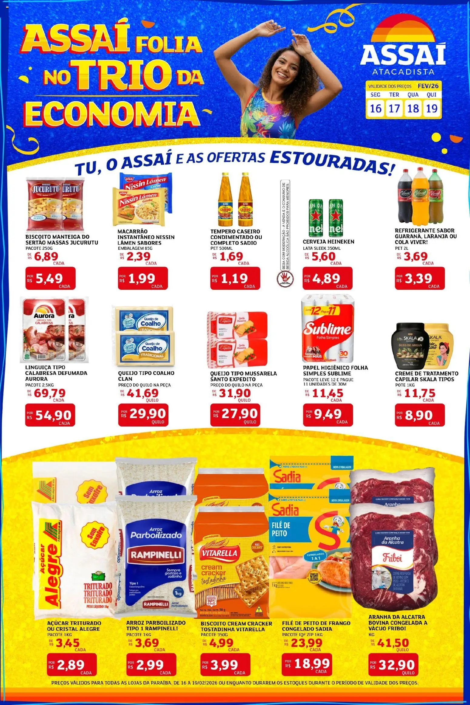 Pré-Visualização do folheto "Encarte - PB" da loja Assaí Atacadista válido a partir de 17/02/2026 - Arroz, Biscoito, Frango, Mussarela, Manteiga, Papel higiênico, Peito de frango, Linguiça
