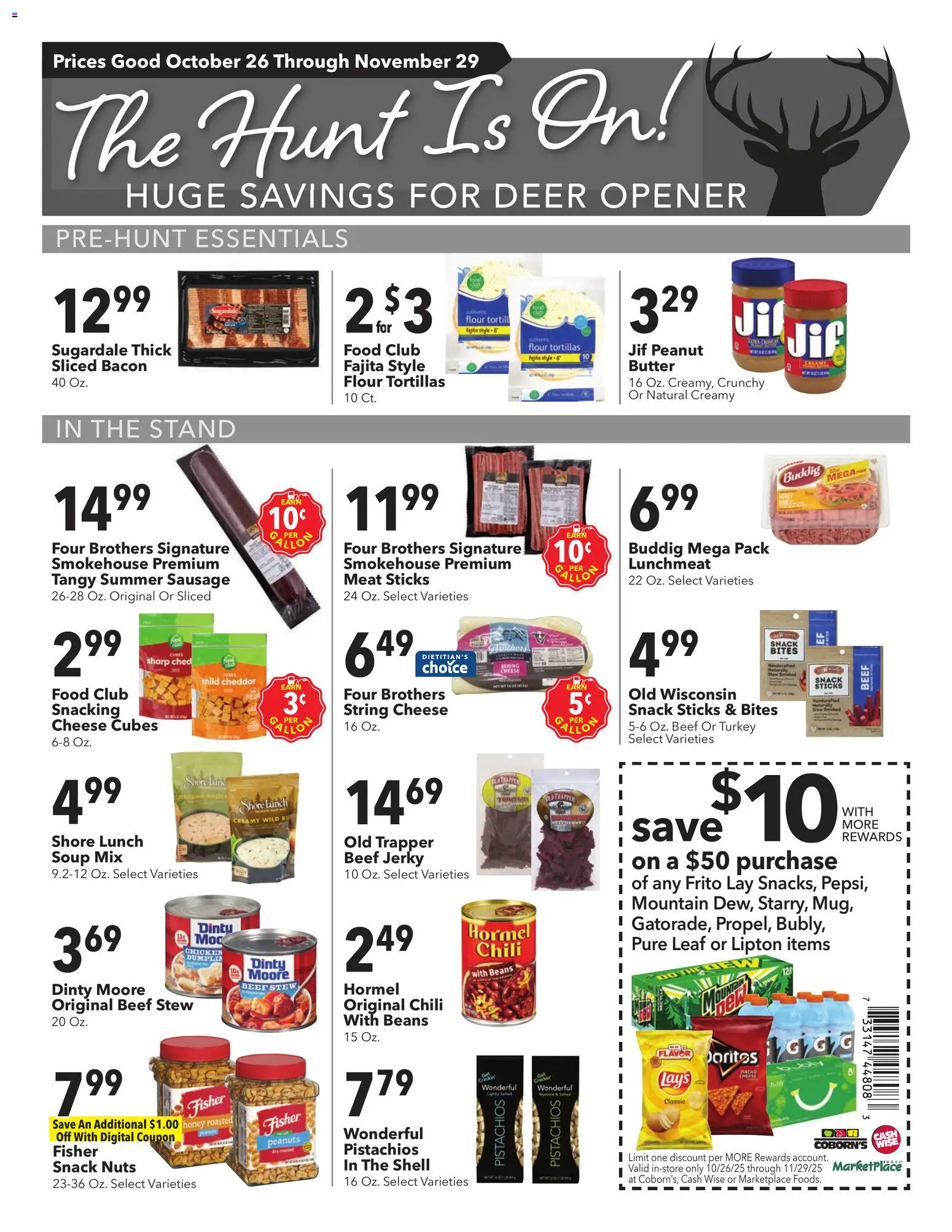 Ad Preview of Cash Wise Hunting Essentials from 10/26/2025 - Chili, Cheese, Meat, Butter, Sausage, Beans, Tortillas, Jerky