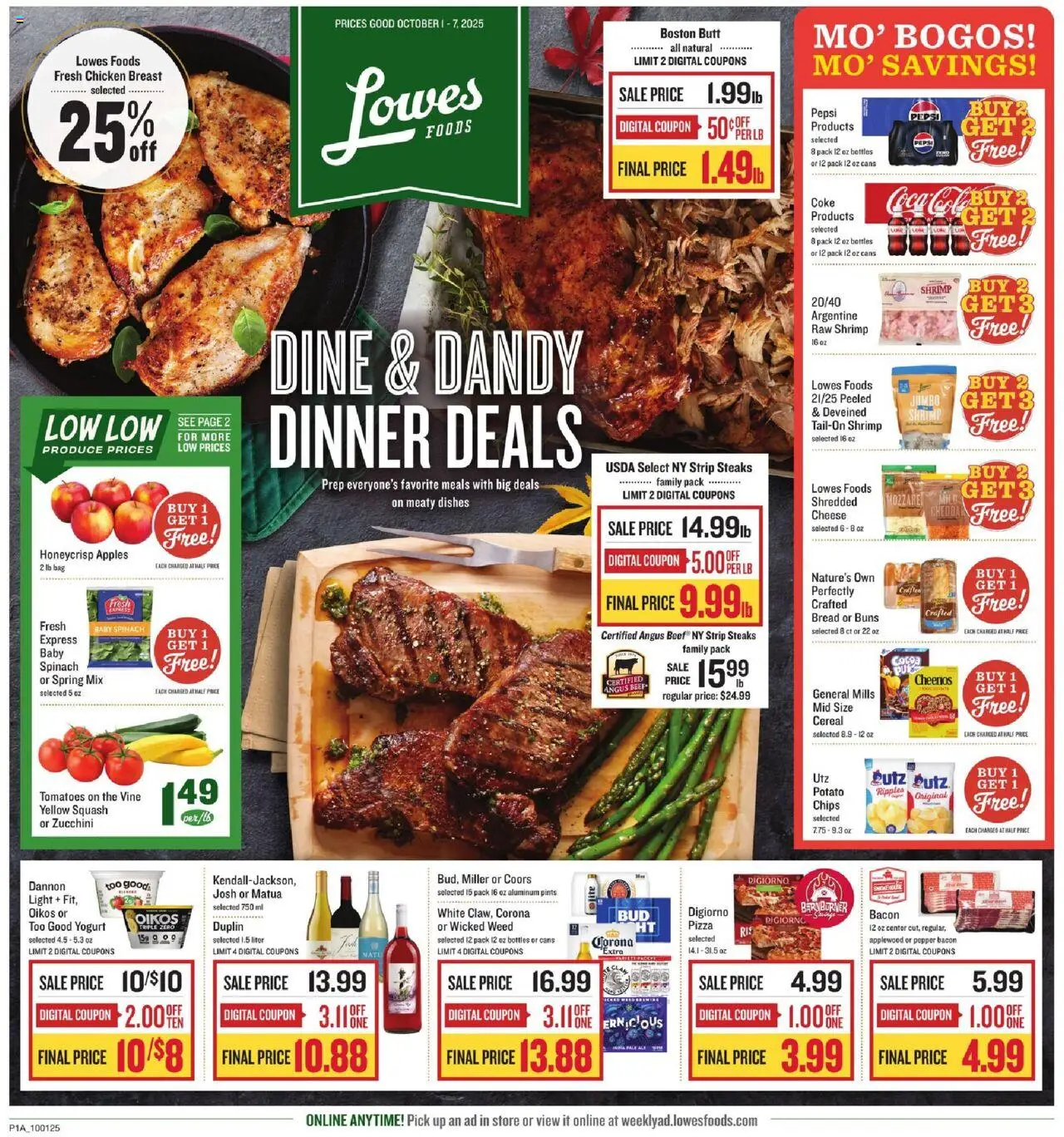 Ad Preview of Lowes Foods Weekly Ad from 10/01/2025 - Pizza, Zucchini, Squash, Bacon, Pepper, Bag, Chicken, Baby spinach