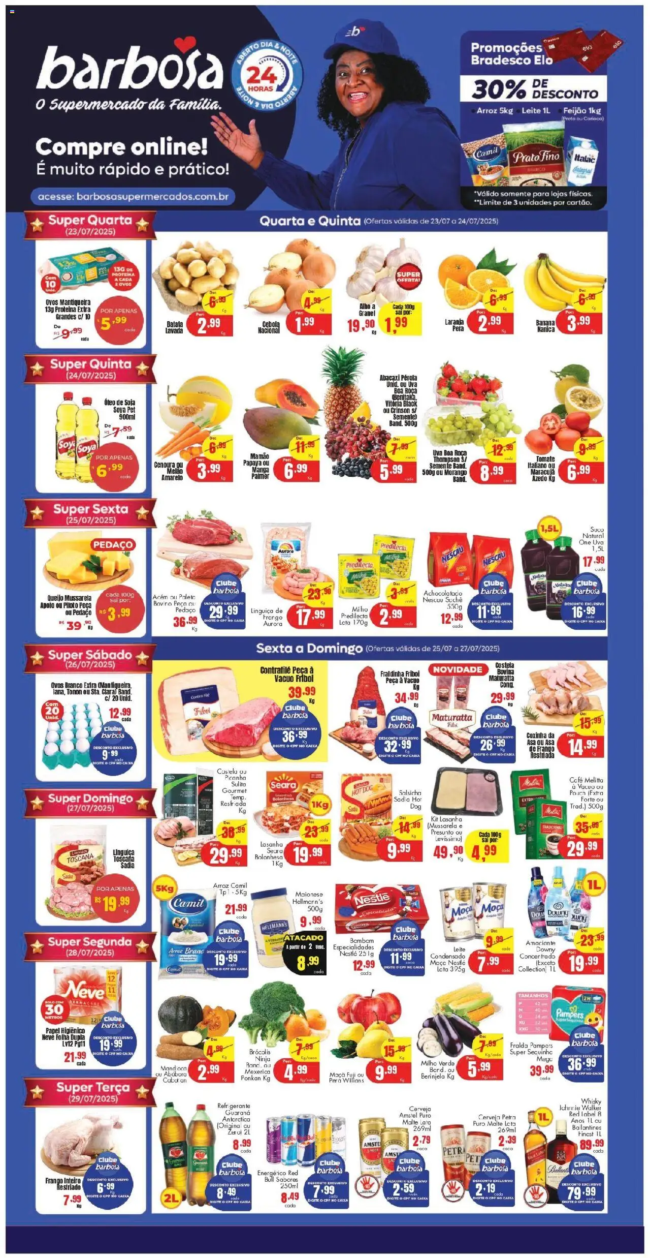 Barbosa Supermercados folheto "Ofertas Lojas P" válido a partir de 23/07/2025 - número de página 1 - Manga, Fralda pampers, Sal, Maracujá, Cenoura, Pampers, Presunto, Melão