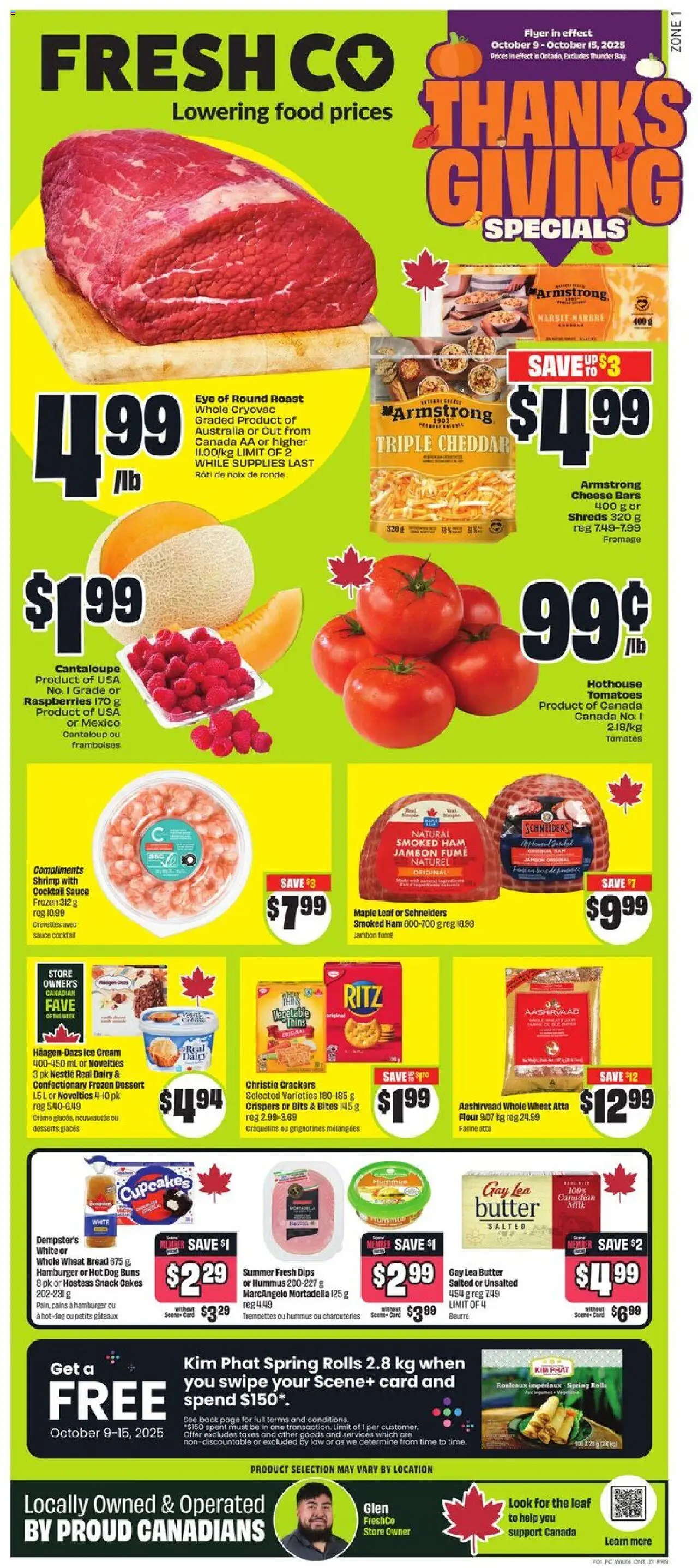 Preview of leaflet Weekly flyer / circulaire from shop FreshCo is valid from Oct 09, 2025 - Hamburger, Cocktail, Bread, Shrimp, Tomatoes, Mortadella, Ham, Flour