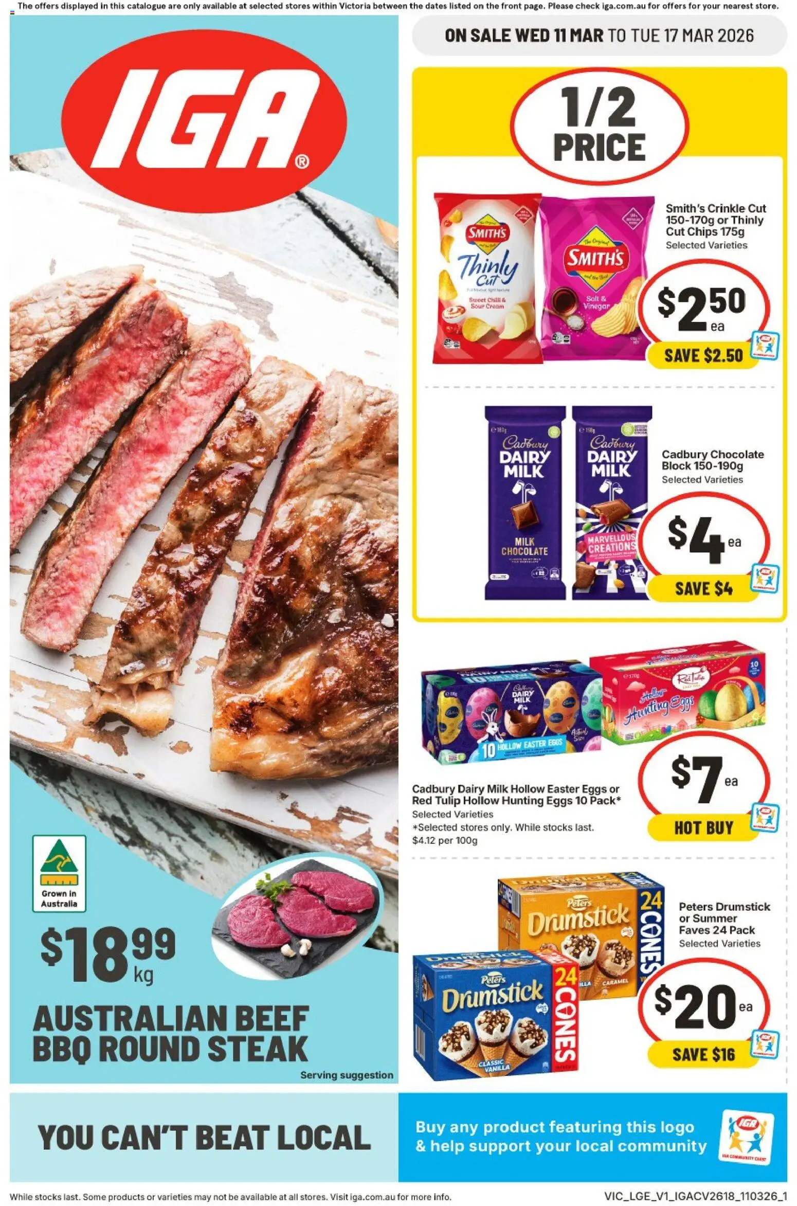 Preview of catalogue IGA catalogue VIC from shop IGA valid 11/03/2026 - Chocolate, Sour cream, Beef, Chips, Steak, Salt, Chilli, Vinegar