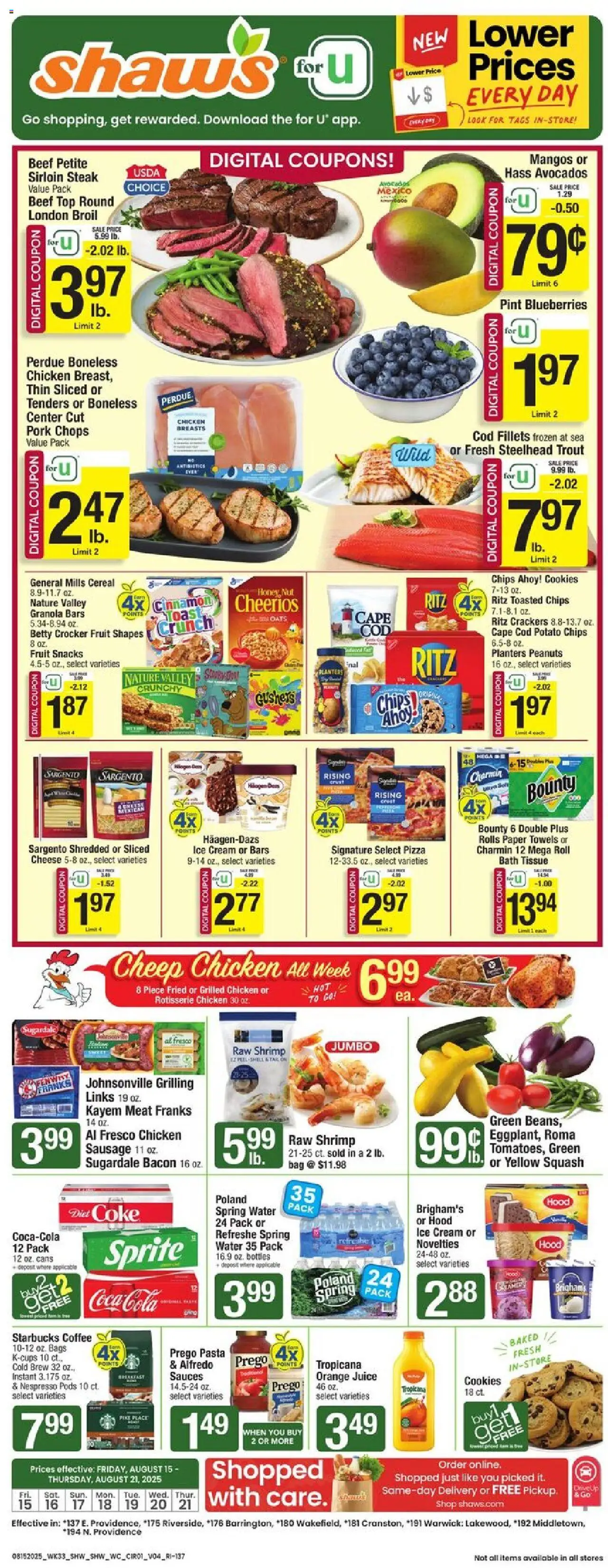 Shaw's Weekly Ad - RI from 08/15/2025 - Flyer - Page number 1 - Coffee, Steak, Shrimp, Bacon, Crackers, Bath, Potato chips, Paper towels