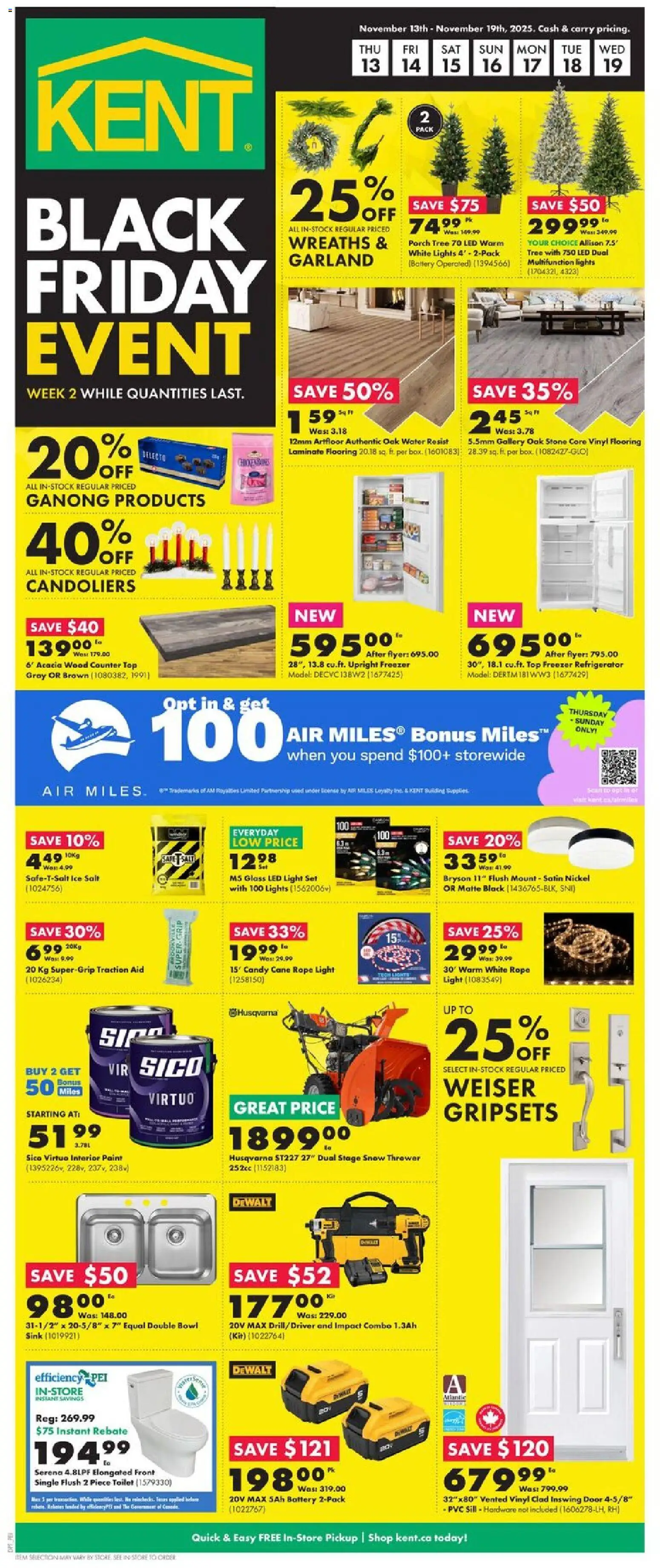 Preview of leaflet Weekly Flyer - PE from shop Kent is valid from Nov 13, 2025 - Ice, Battery, Refrigerator, Door, Freezer, LED light, Salt, Wreaths