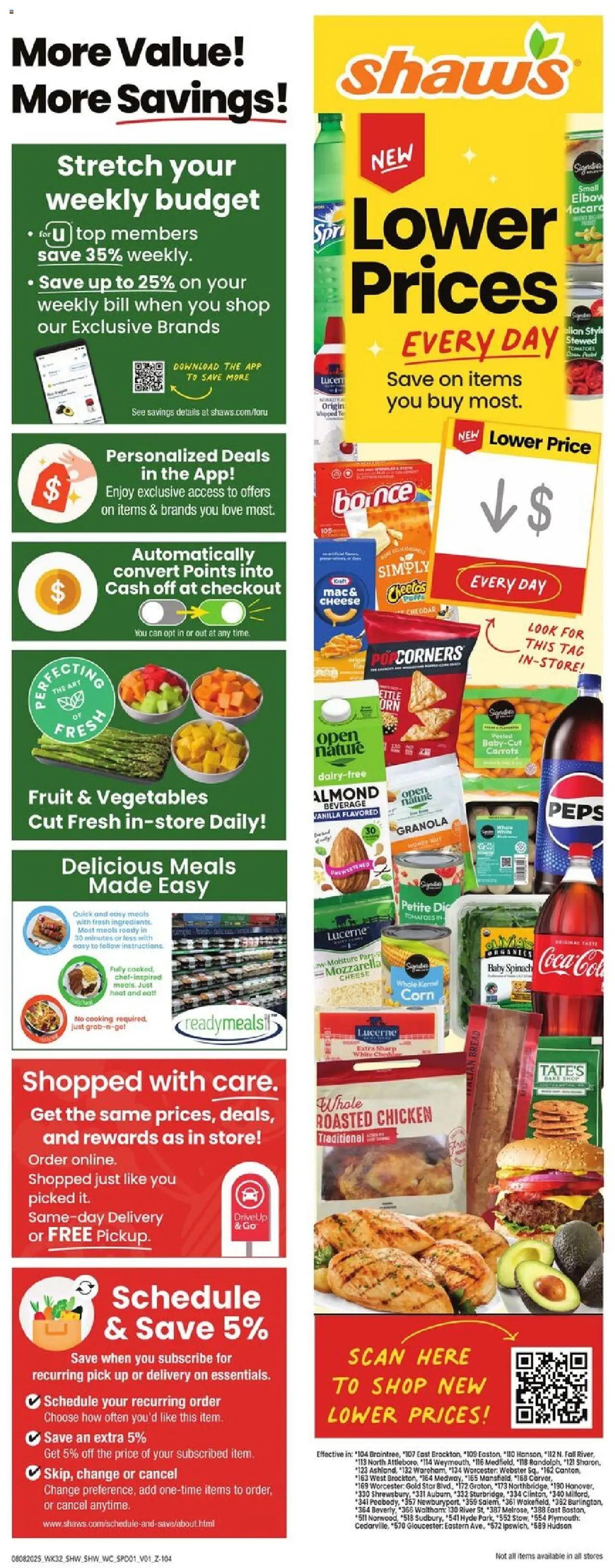 Shaw's Weekly Ad from 08/08/2025 - Flyer - Page number 1 - Fruit, Cheese, Tomatoes, Tomato, Carrots, Spinach, Vanilla, Baby spinach