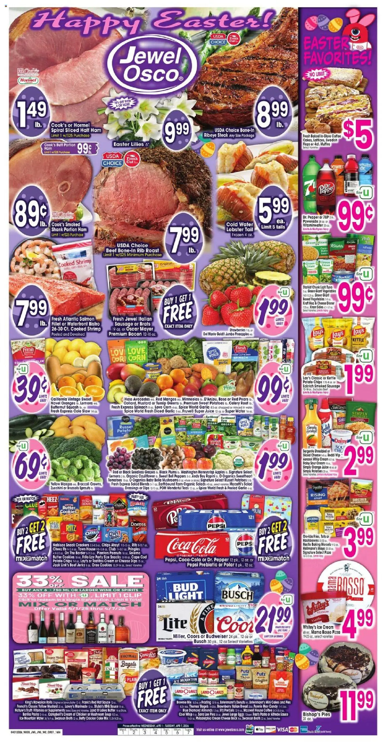 Ad Preview of Jewel Osco Jewel Osco Weekly Ad - IA from 04/01/2026 - Water, Vegetables, Greens, Cheese, Lemons, Ham, Beef, Cream