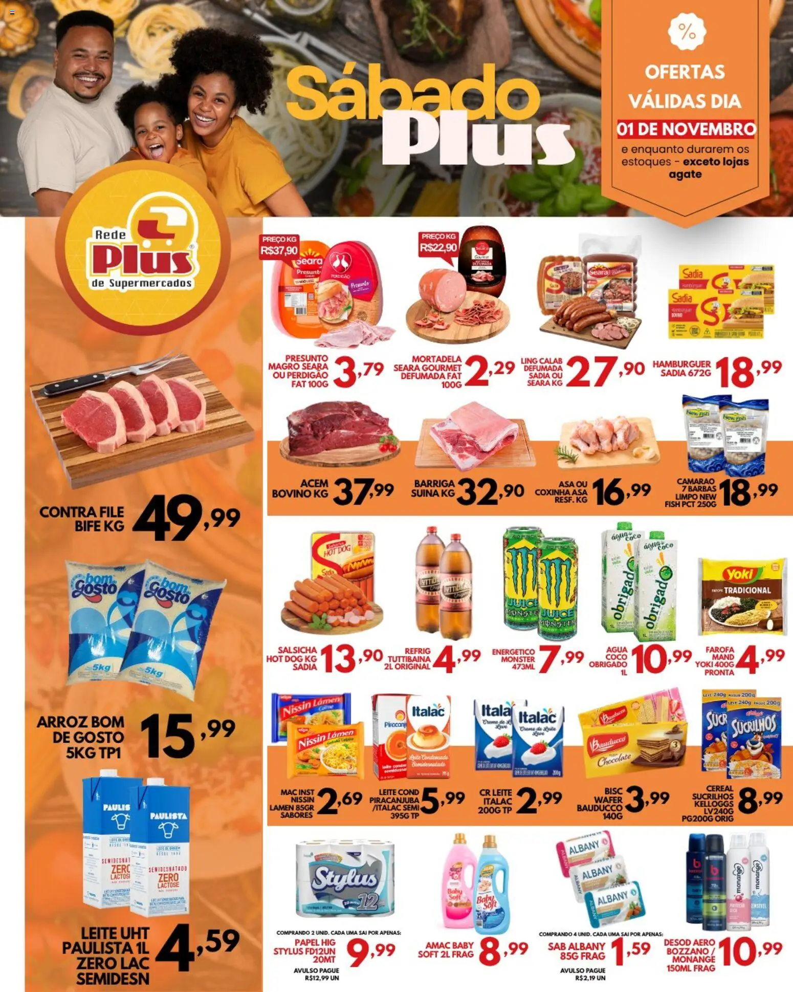 Pré-Visualização do folheto "Ofertas da semana" da loja Rede Plus Supermercados válido a partir de 01/11/2025 - Hambúrguer, Coco, Chocolate, Água, Camarão, Sucrilhos, Farofa, Acém