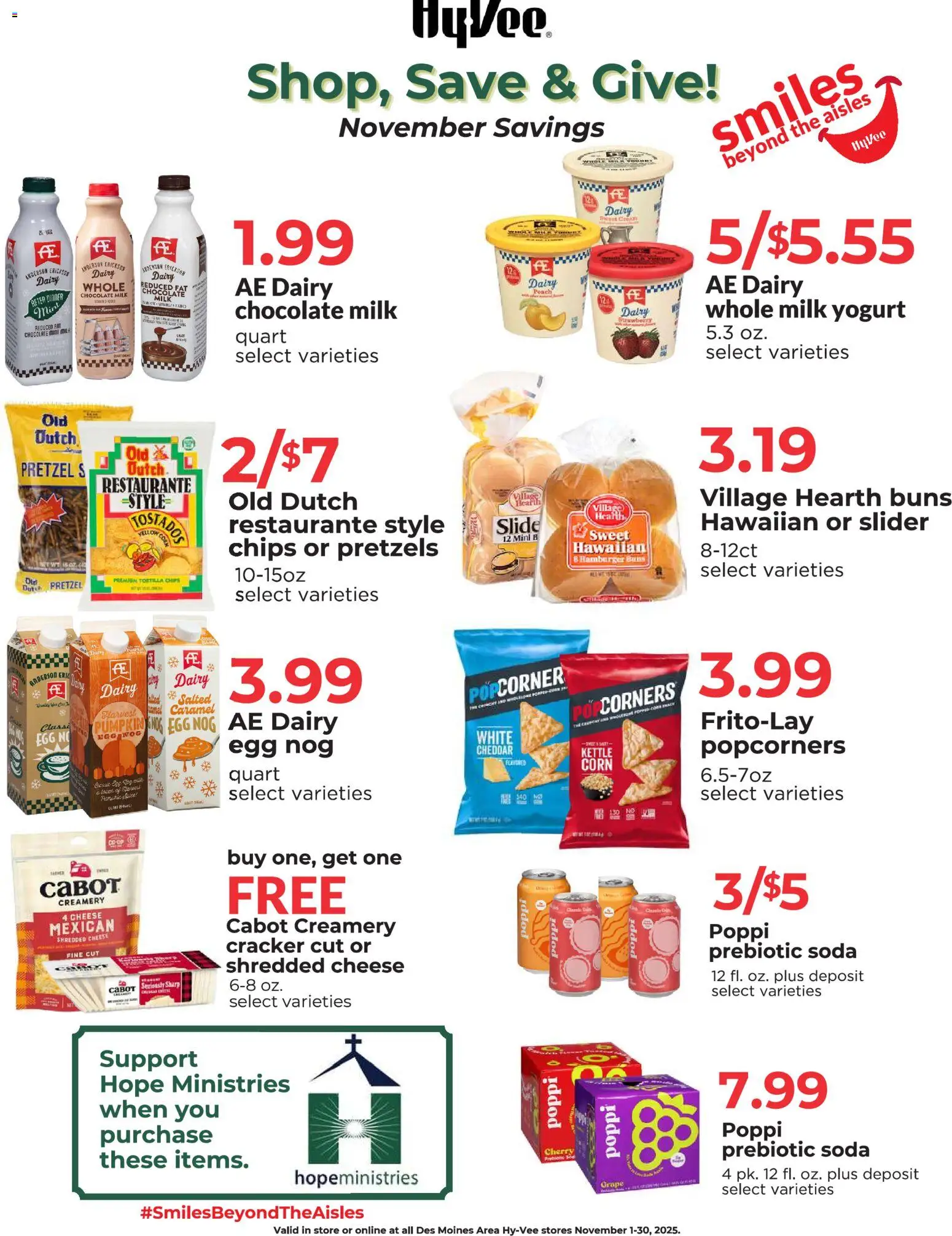 Ad Preview of HyVee Shop, Save & Give! November Savings. from 11/01/2025 - Chocolate, Hamburger, Cheese, Pumpkin, Milk, Yogurt, Corn, Tortilla chips